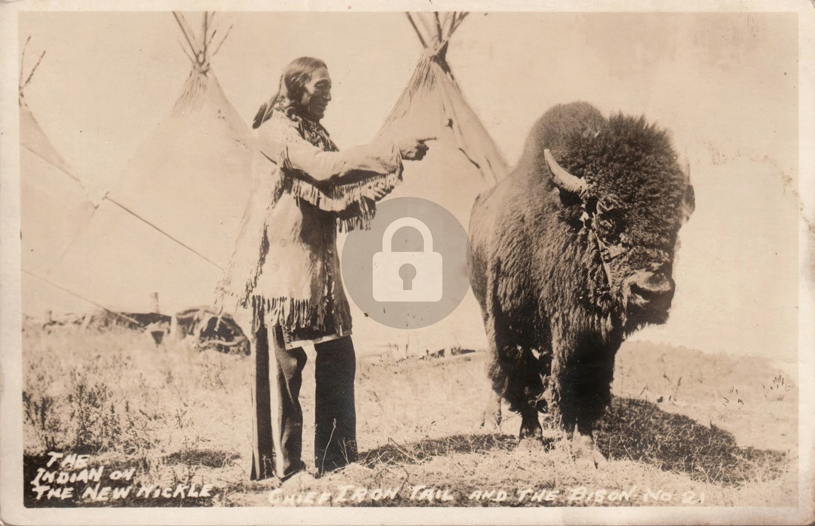 OK 1919 Chief Iron Tail Indian Camp Bison Buffalo Nickel Man RPPC Postcard COPY OK 1919 Chief Iron Tail Indian Camp Bison Buffalo Nickel Man RPPC Postcard COPY