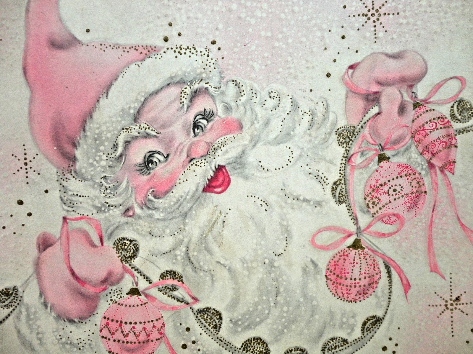 VINTAGE MCM PINK SANTA CLAUS WINTER WHITES CHRISTMAS CARD EMPTY BOX NO CARDS