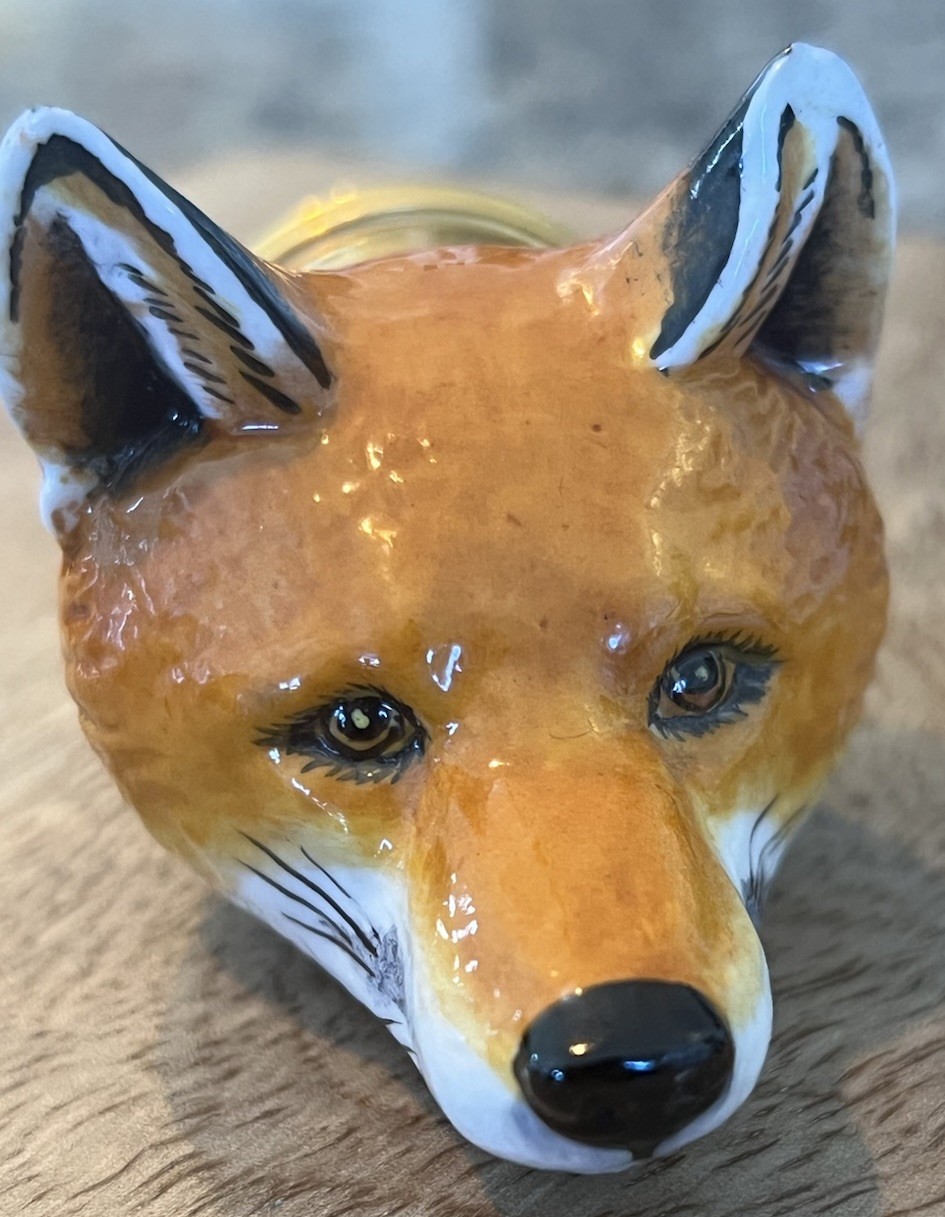 Halcyon Days Porcelain Fox Head Stirrup Cup Bonbonniere Derby 1820 Replica -Chip
