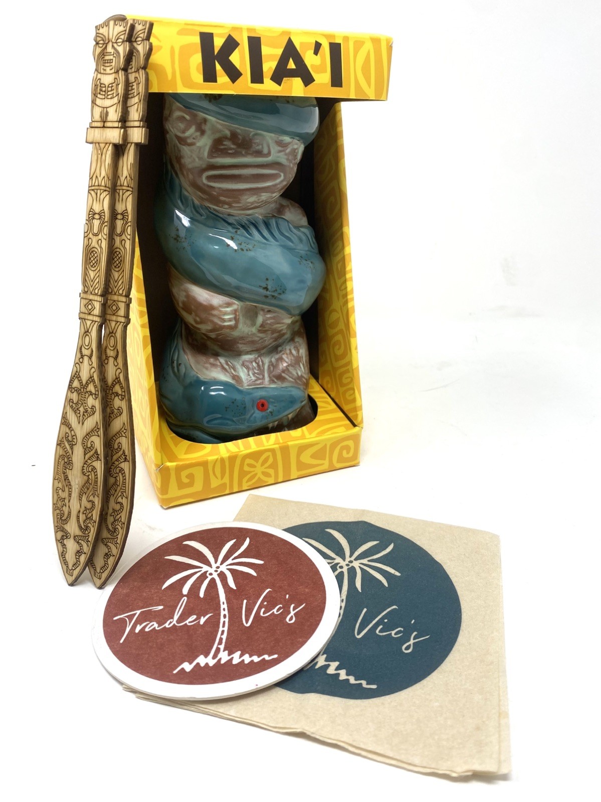Trader Vic’s Kia’i Tiki Mug By Chris Shima Ceramics NIB + Extra TV Swag