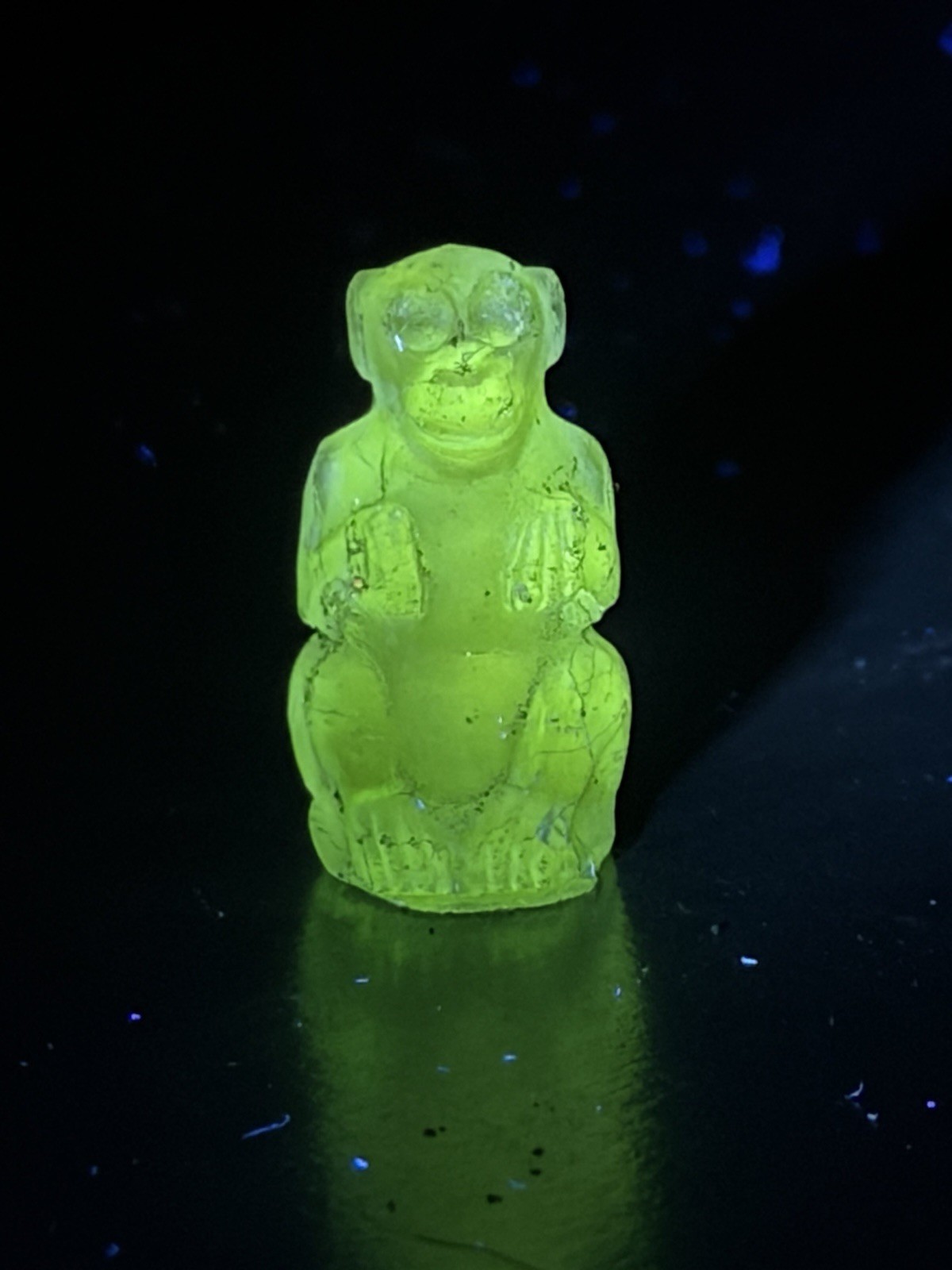 Antique 1912 Uranium Glass Billiken Monkey Charm - Czech Gablonz Cabinet Piece