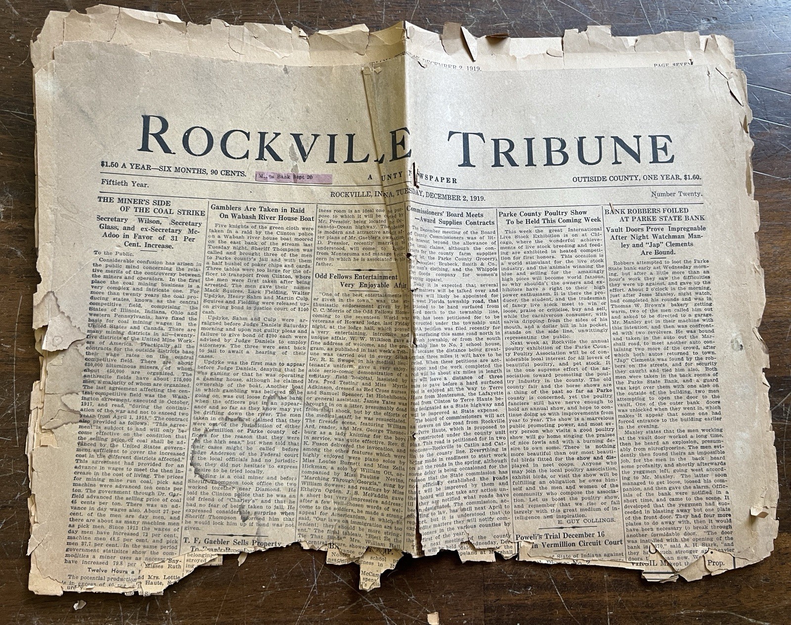 Vintage Rockville Tribune Newspaper Rockville Indiana December 2 1919 Rare