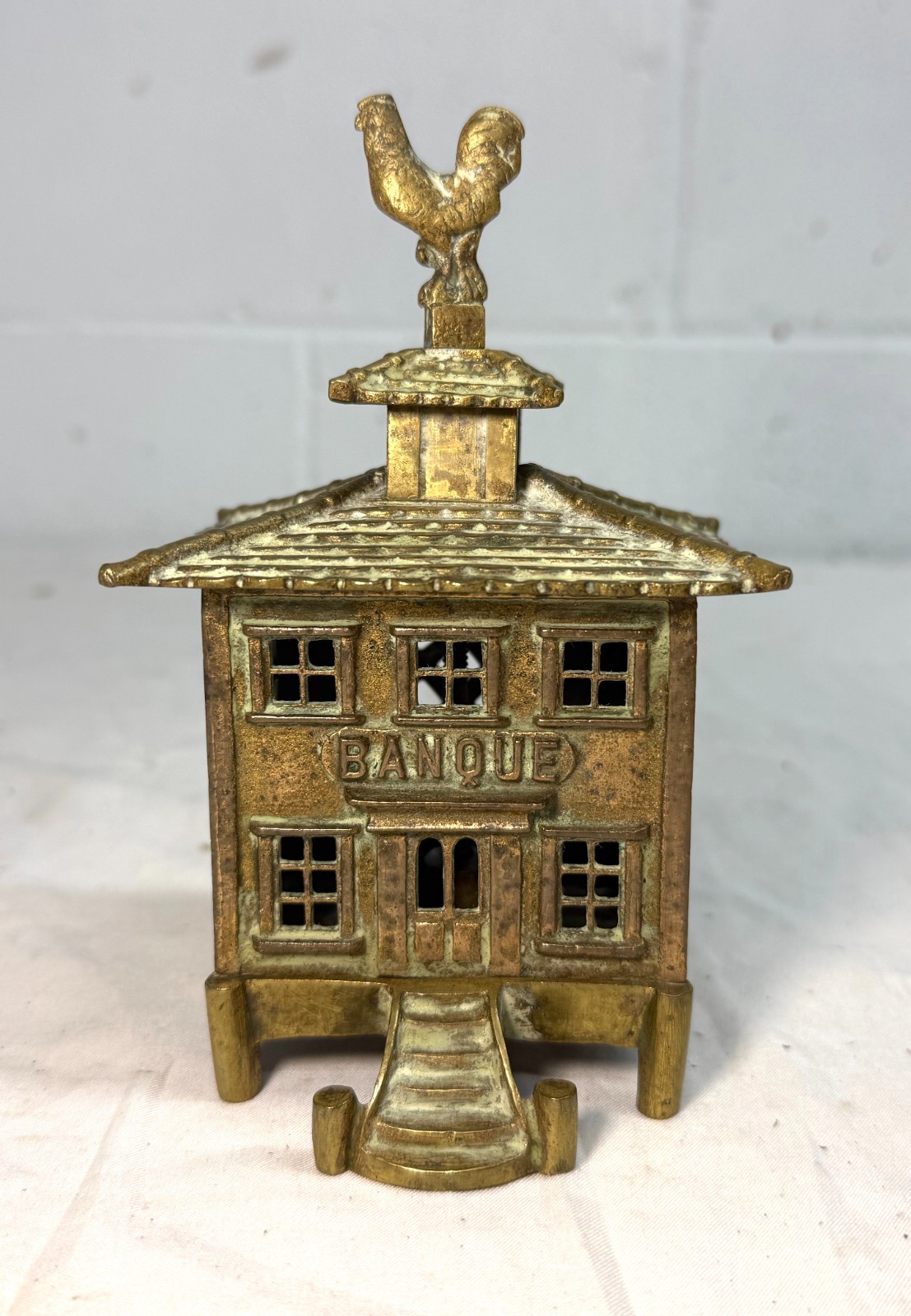 Rare antique French pagoda rooster Banque coin still dime penny brass bank Rare antique French pagoda rooster Banque coin still dime penny brass bank