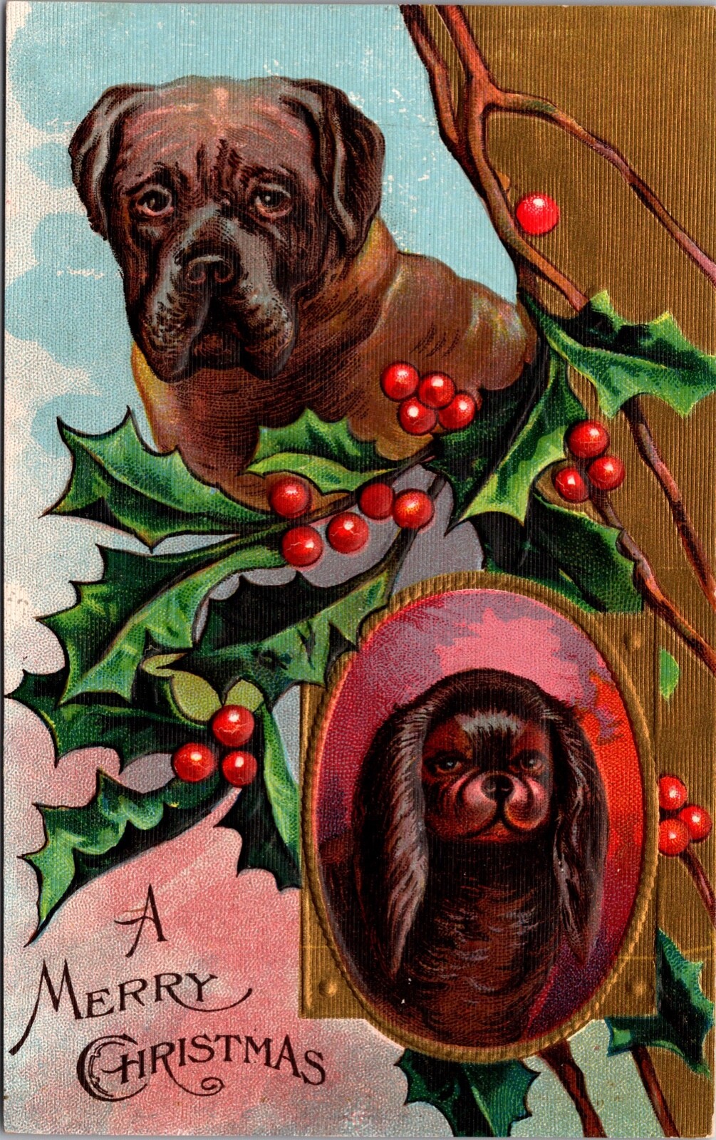 Two Christmas Postcards Dogs and Holly
