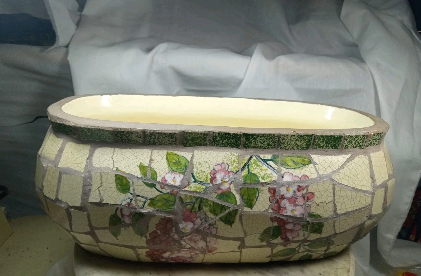 NAPCO Mosaic Ceramic Crackle Oval Planter,  Green Pink Floral Decorative Pot