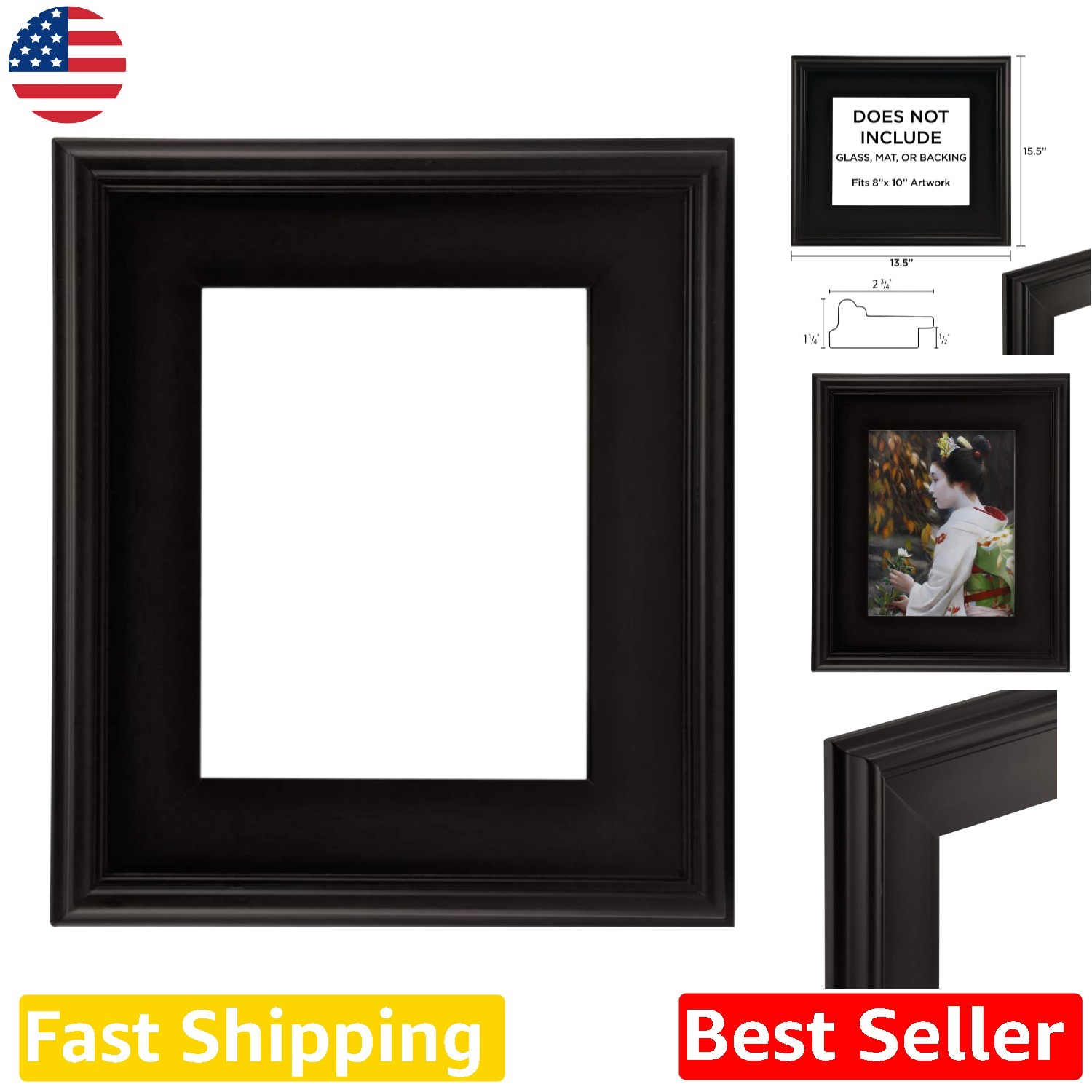Elegant Black 8x10 Plein Air Frame, Gessoed, Polished Finish, 2.75