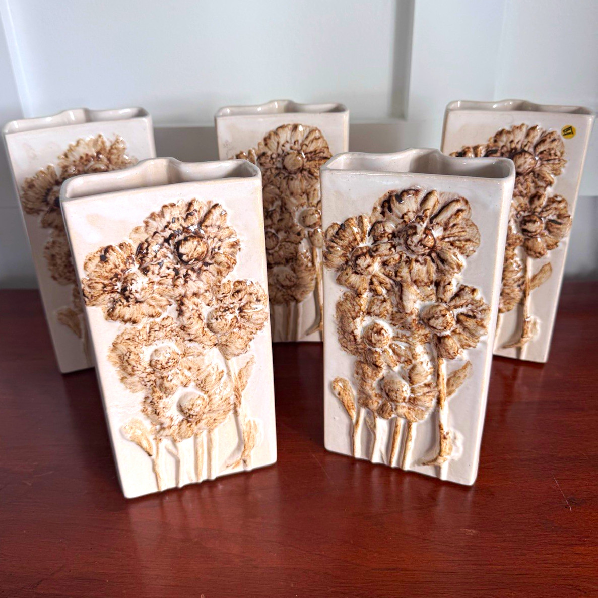 Vintage Keramo Kostelec Czechoslovakia Set of 5 Matching Ceramic Floral Wall Vas
