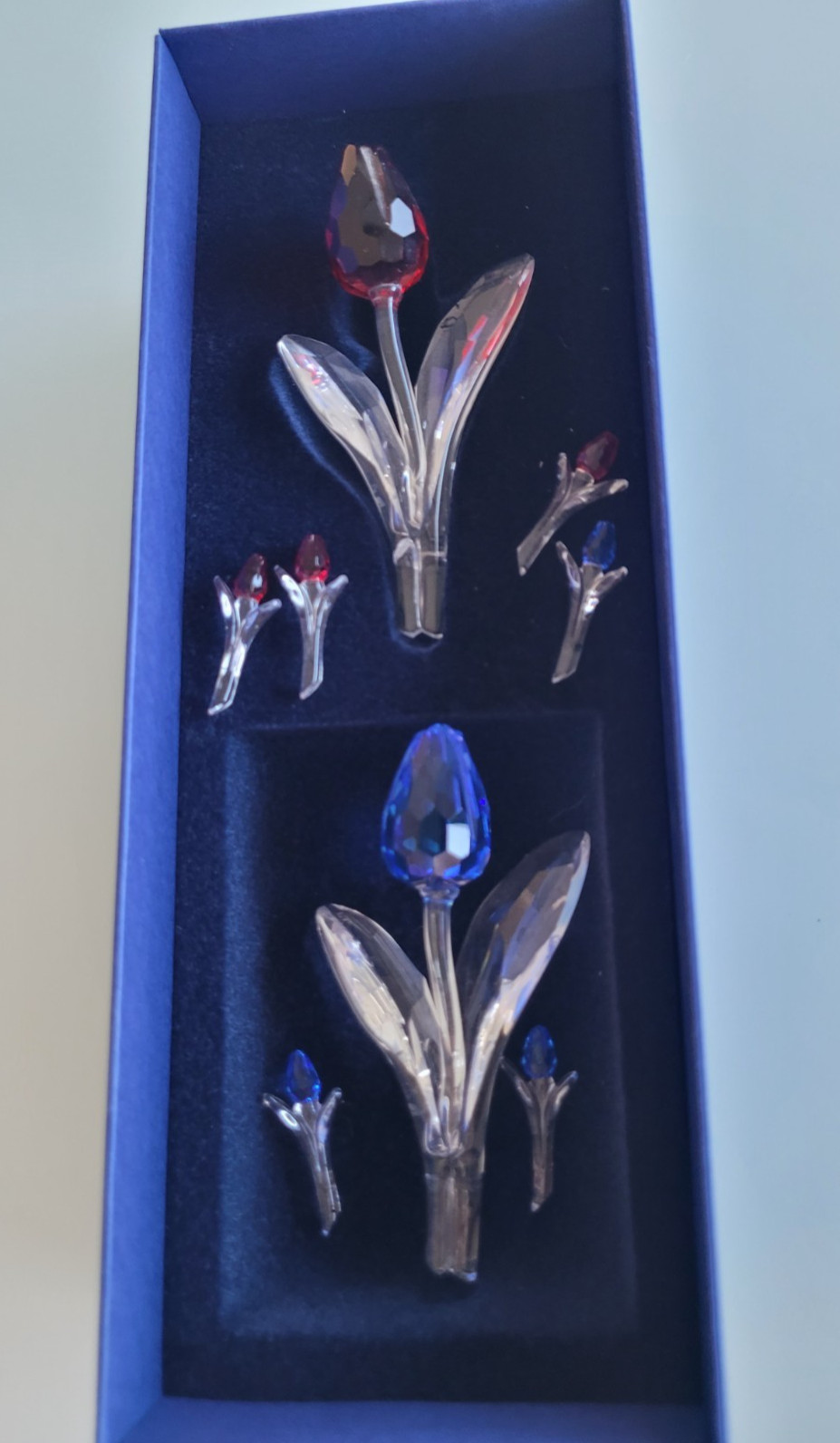 2 Swarovski Crystal Flower Red Blue Rose Tulip Flower with extra  petals in box