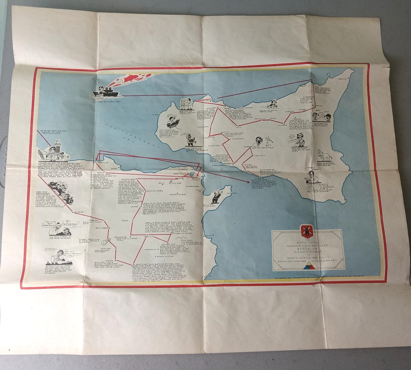 WWII Map Original 65th Armored Field Artillery Battalion North Africa Sicily WWII Map Original 65th Armored Field Artillery Battalion North Africa Sicily