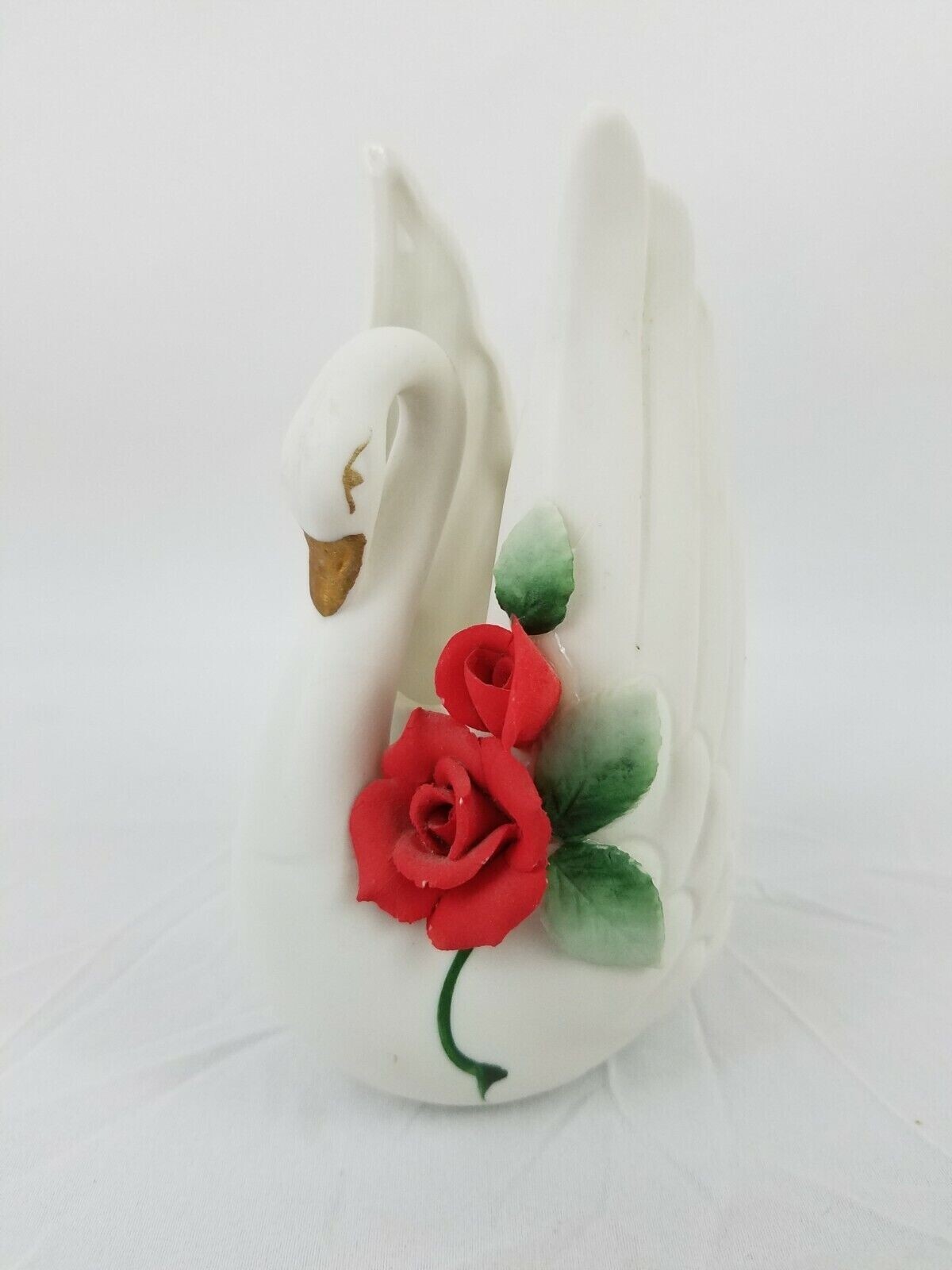 Norcrest Japan White Ceramic Swan Vase With Applied Red Flowers, 3.75x3x5.5\