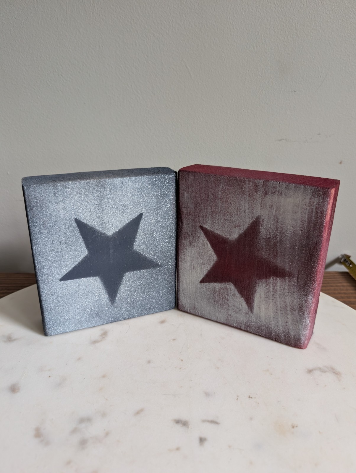 Primitive Patriotic Americana Wood Block Star Tiered Tray Set Rustic Decor