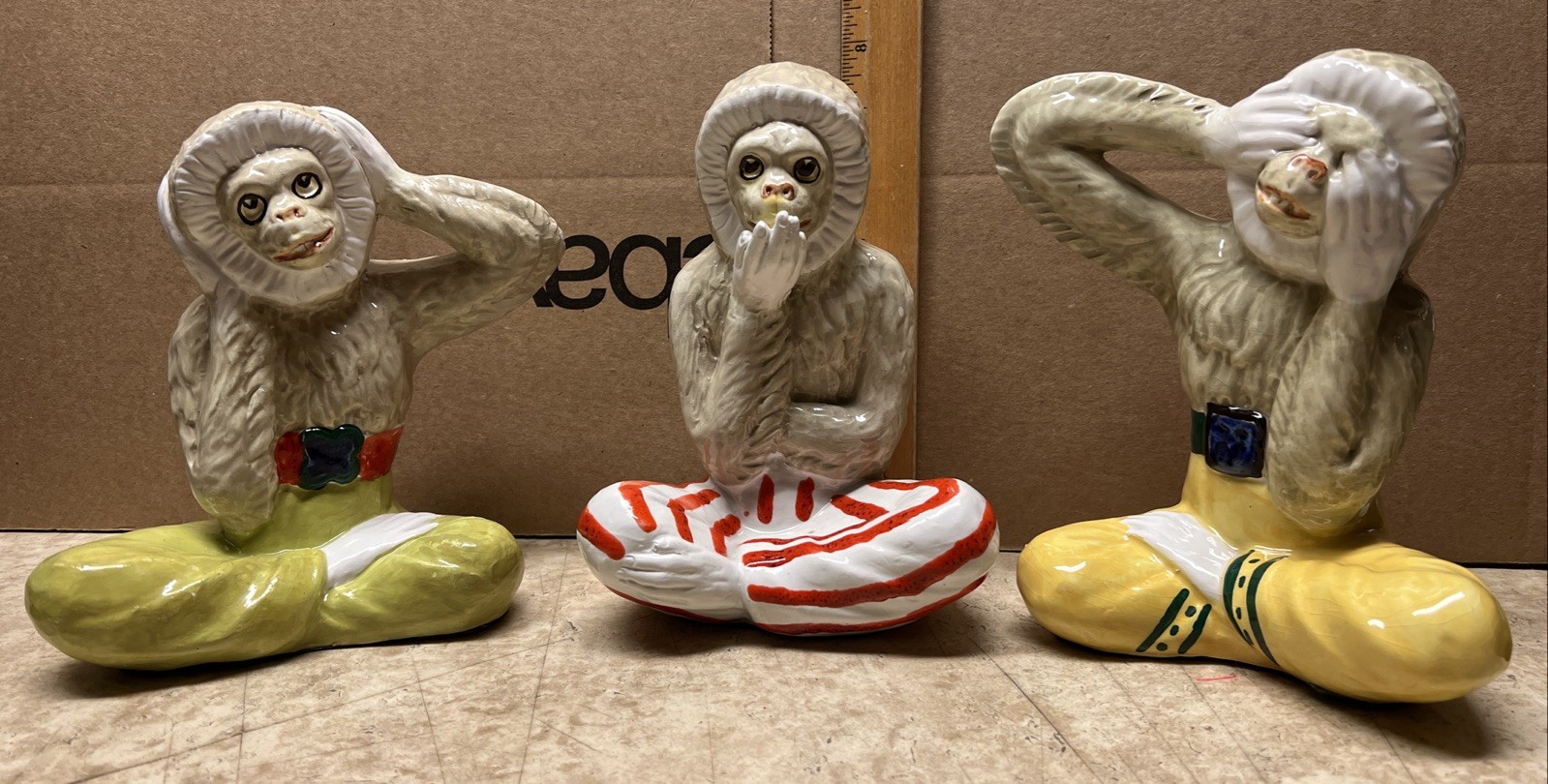 Vintage MCM Italian Three Wise Monkeys Ceramic Decorative Figurines 1960s RARE