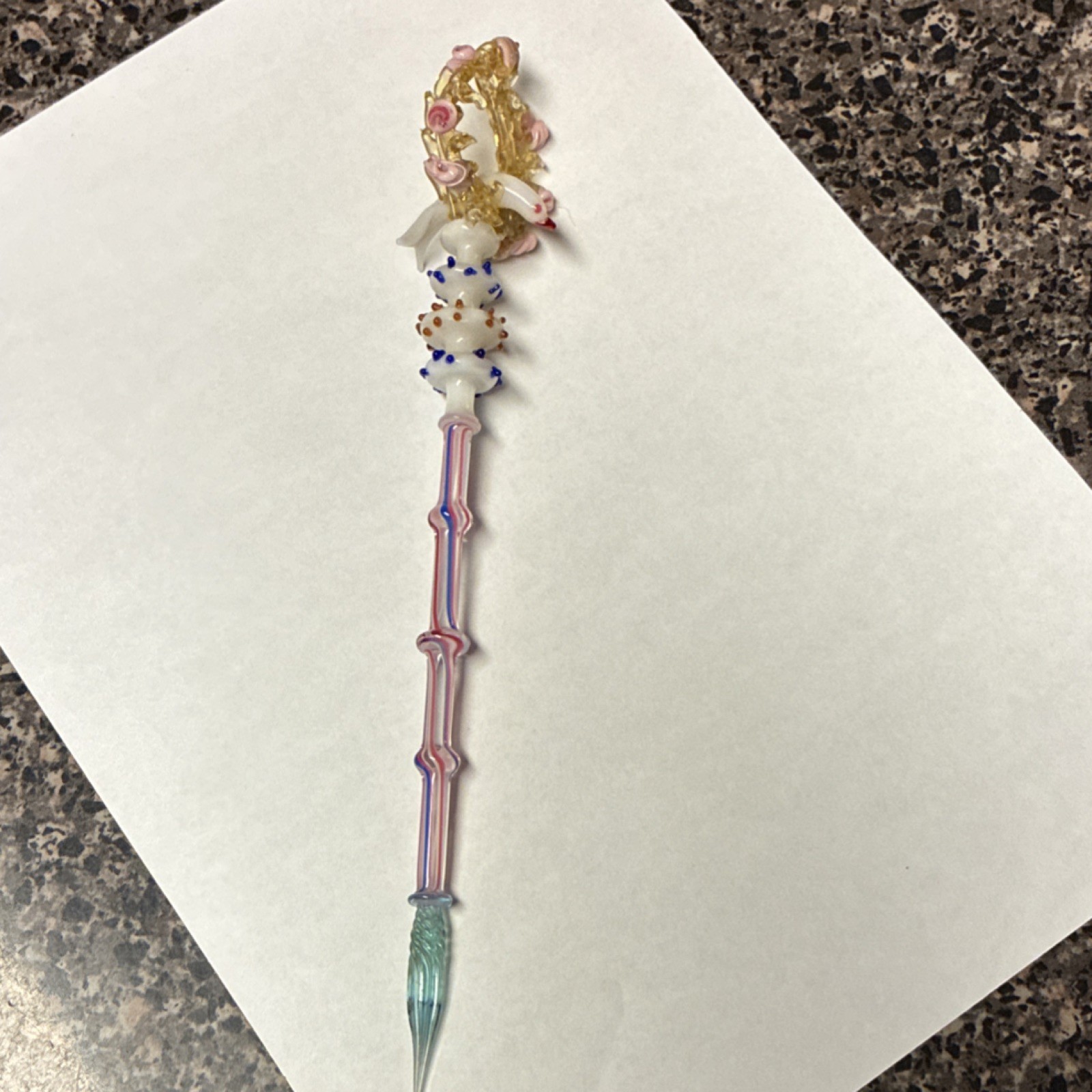 Art Glass Calligraphy Dip Pen Dolphin & Floral Handle Pointed Tip Pink/Blue