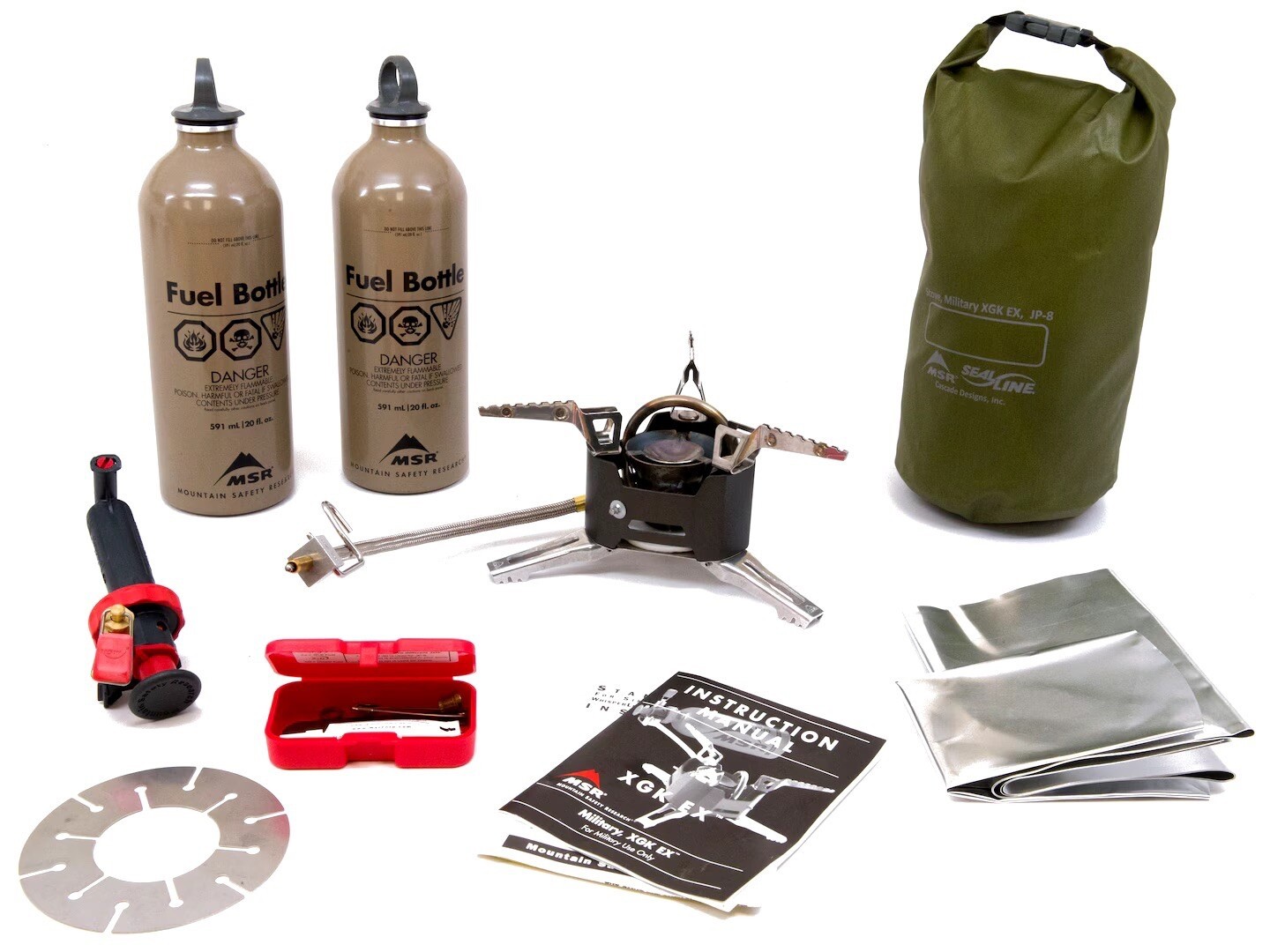 MSR XGK EX MILITARY Multi-Fuel Stove, JP-8 W/2 Fuel Bottles & Seal Line Bag USMC