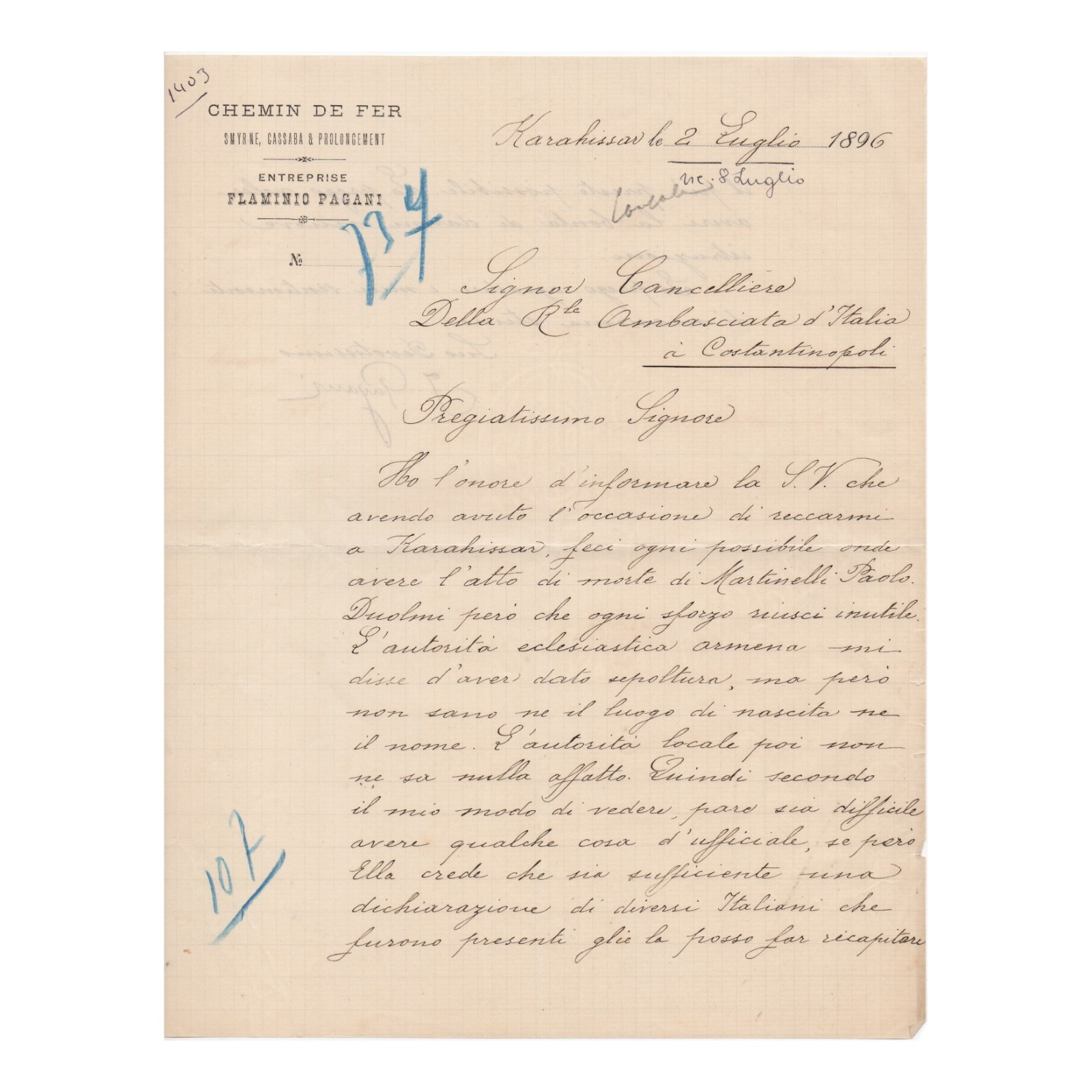 1896 Italian Letter — Smyrna Chemin de Fer Pagani Railway Ottoman Empire History