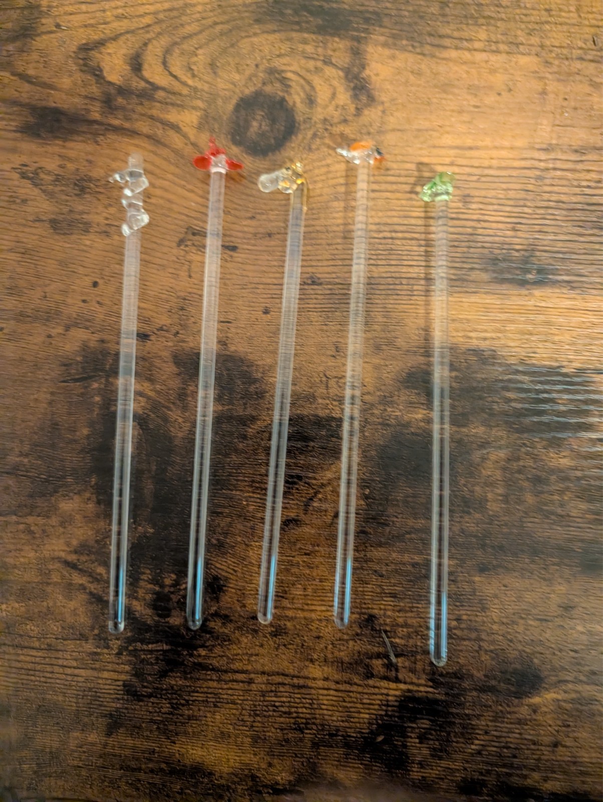 Vintage Glass Cocktail Swizzle Sticks Set of 5 Colorful Figural Drink Stirrers