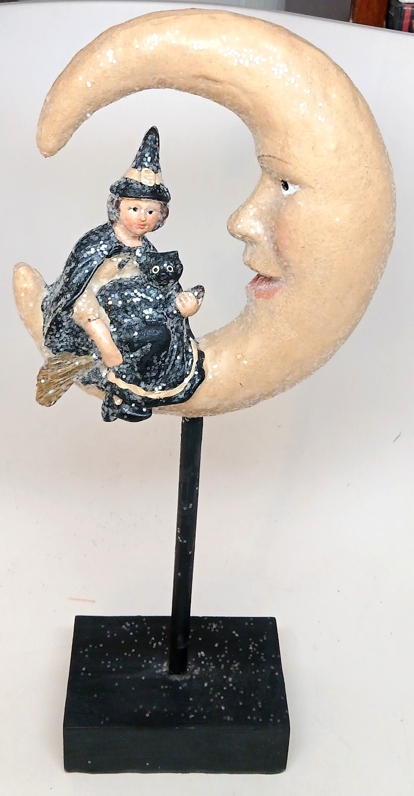 Ragon House Hallow Witch w/ Black Cat & Broom sitting on Crescent Moon figurine