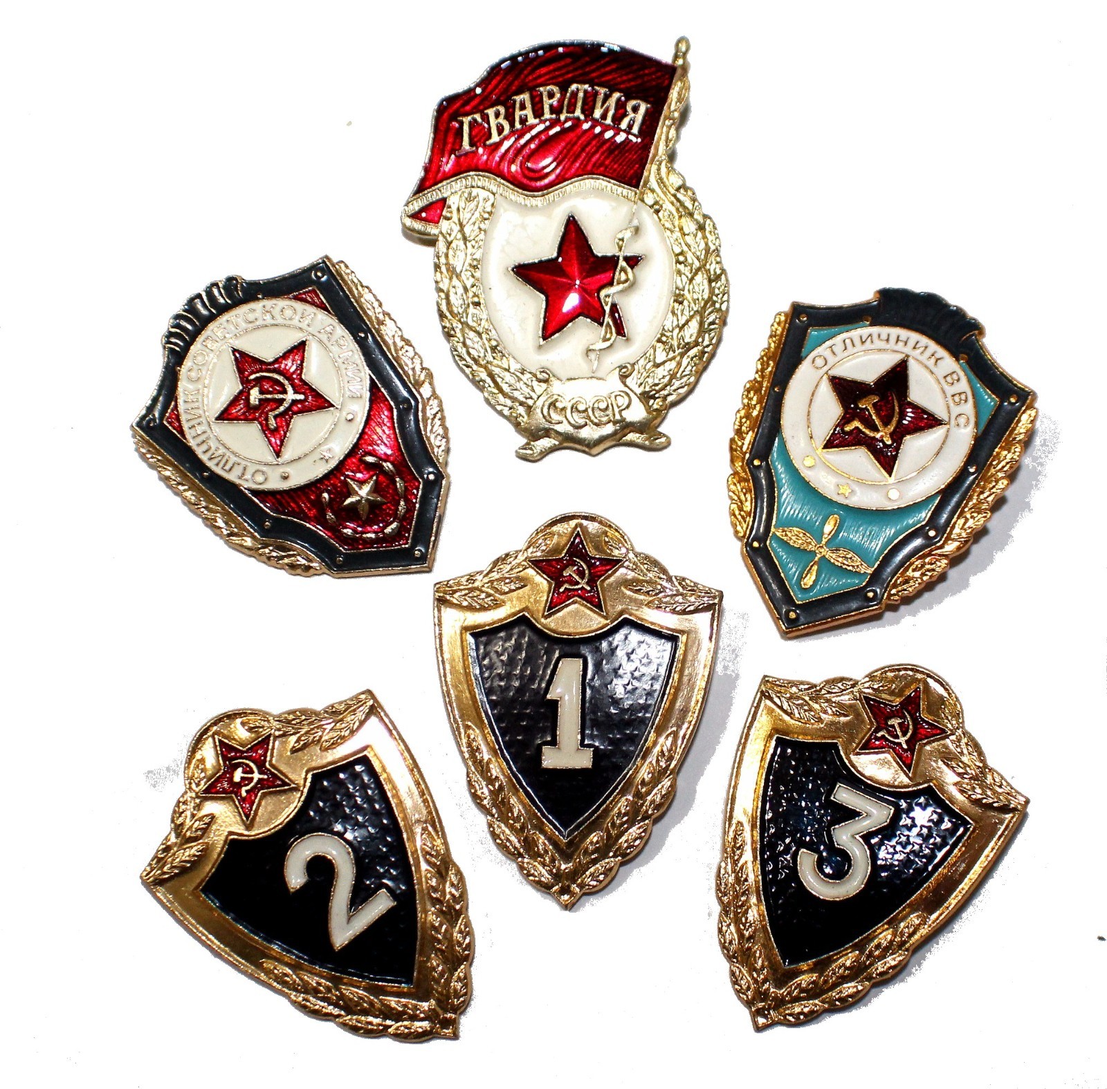 6 Awarded USSR Soviet Union Russian Military Badges 1980s ORIGINAL; Aluminum