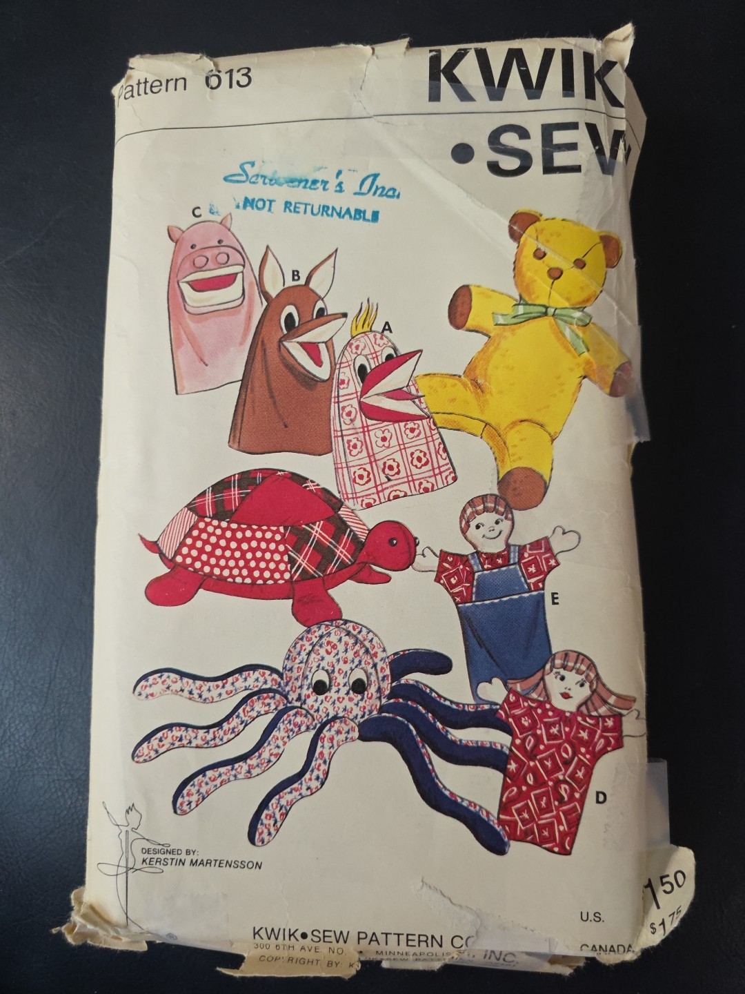Older pattern Kwik Sew 613 HAND PUPPETS, STUFFED ANIMALS hippo wolf turtle bear