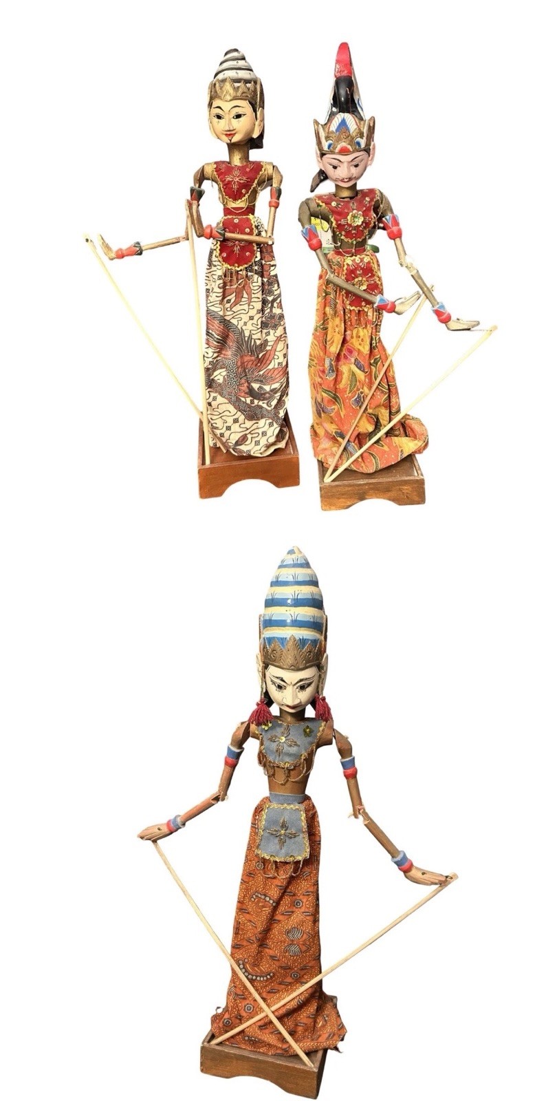 3 VTG Java Wayang Golek Rod Puppets W/Stand Indonesian Craftsmanship Colorful