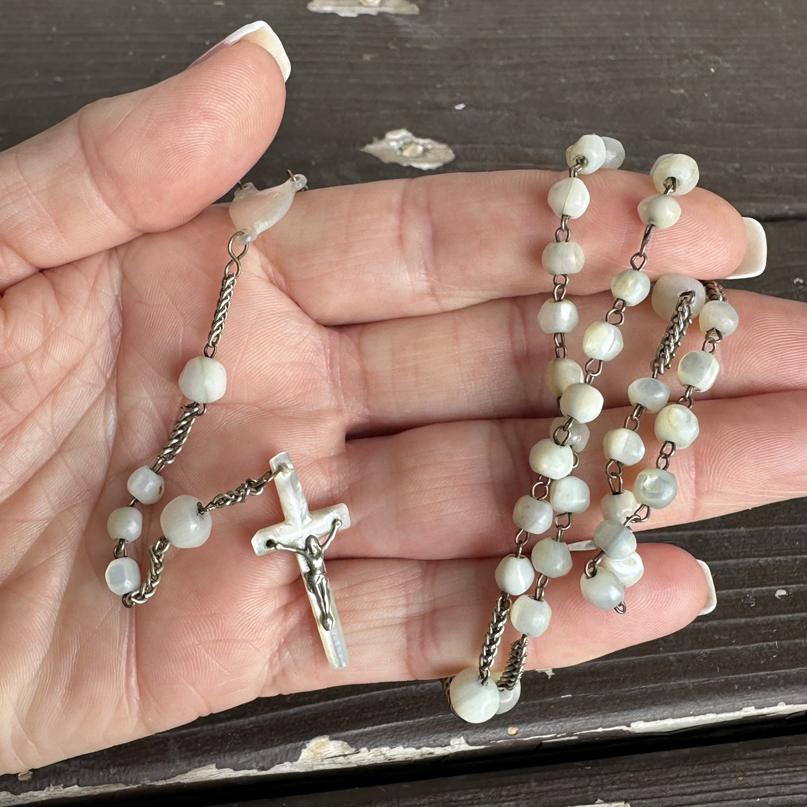 1800\'s French Mother of Pearl Sterling Silver Rosary Hand Carved Nacre Beads
