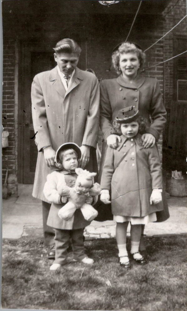 Family Portrait 1940s-1950s Outdoor Home Scene with Teddy Bear Photograph