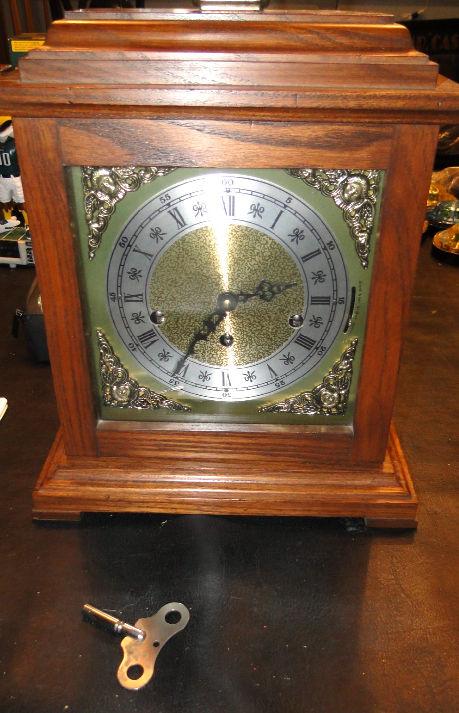 Clean Wooden Mantle Clock 1050-020 Franz Hermle 2 Jewels MVMT  Not Working w Key
