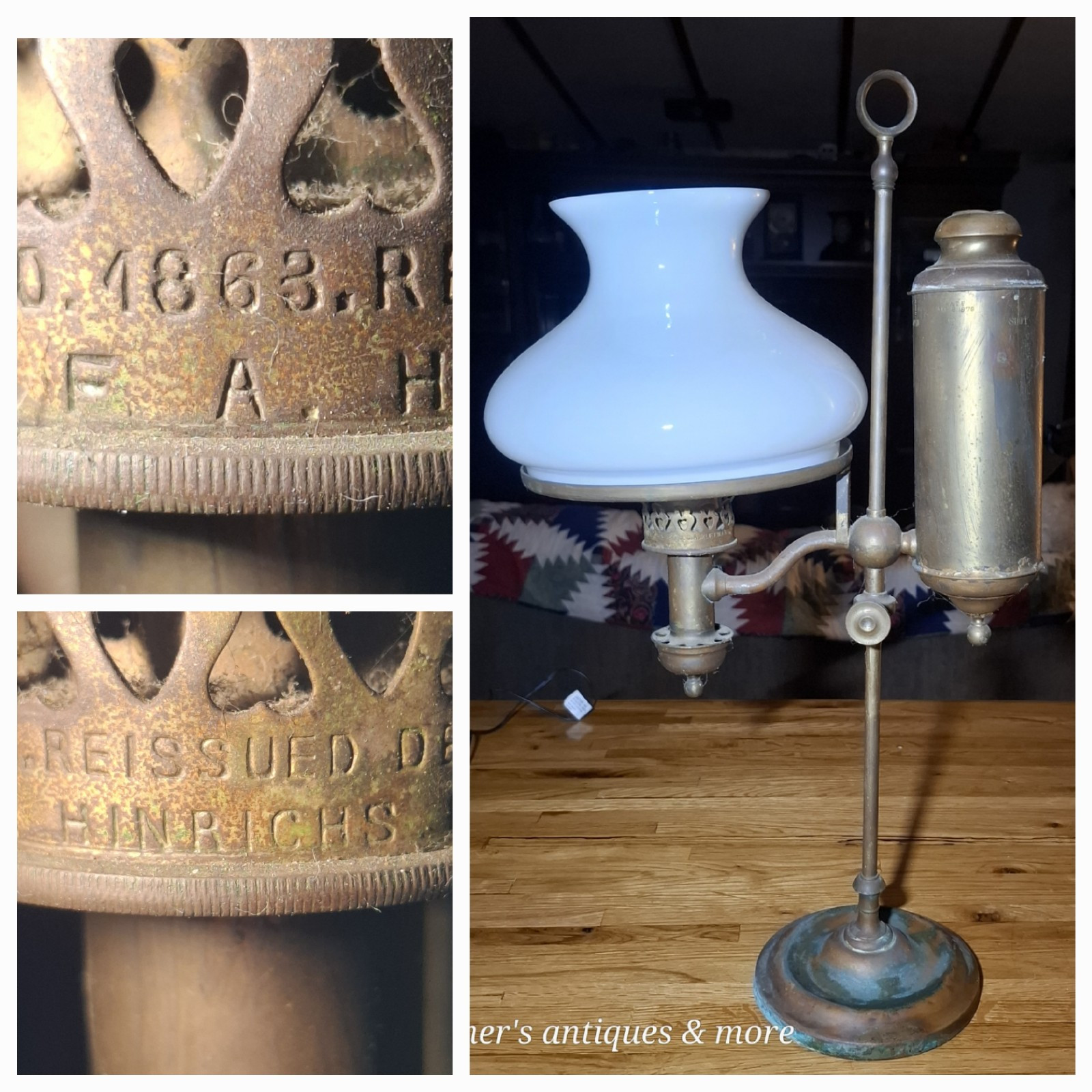 Rare Antique 1863 C.F.A. Hinrichs Kerosene Student Desktop Oil Lamp 1873 1879 Rare Antique 1863 C.F.A. Hinrichs Kerosene Student Desktop Oil Lamp 1873 1879