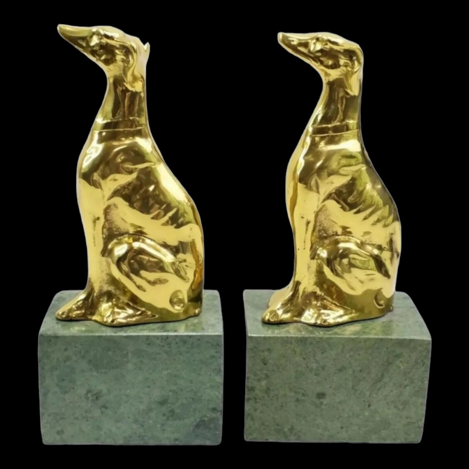 Antique Jennings Brothers Brass Greyhound Whippet Dog Bookends Marble Base Pair 