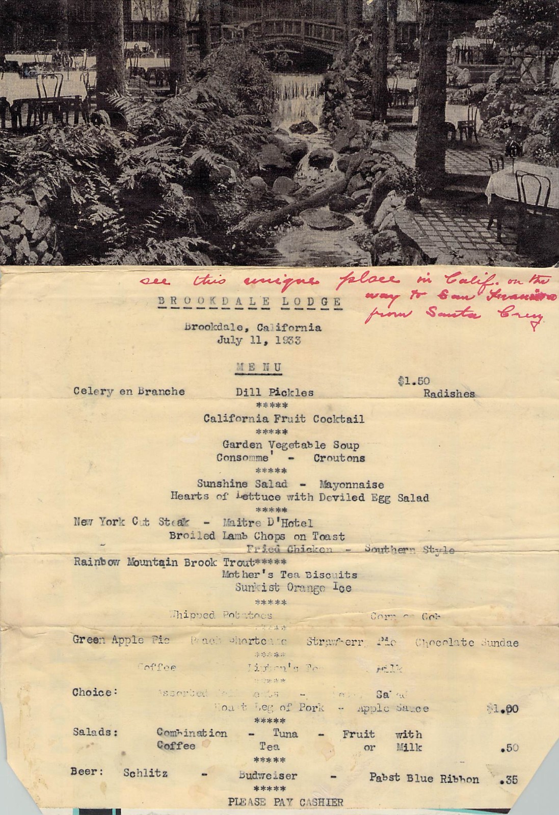 Rare 1933 Brookdale Lodge Menu Dated CA Restaurant History Dining Room 7/11/33
