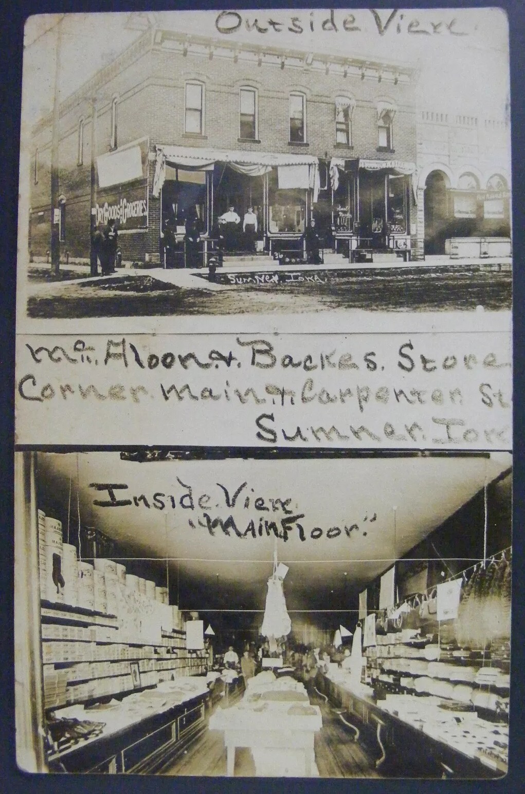 Sumner Iowa IA McAloon Backes Store Inside Outside Real Photo Postcard RPPC 1911
