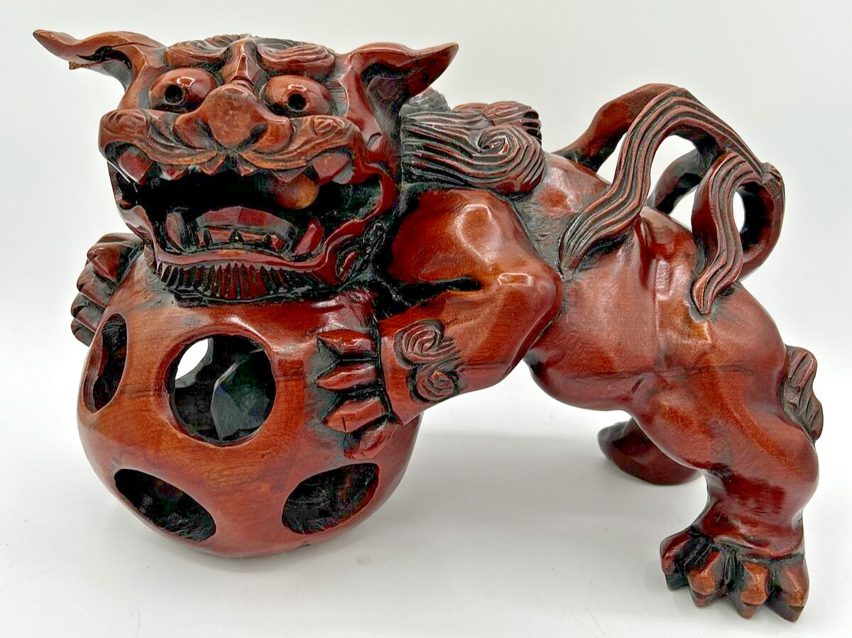 Vintage Lg Hand Carved Chinese Wood Foo Dog with Floating Ball Mouth Orb U191 1