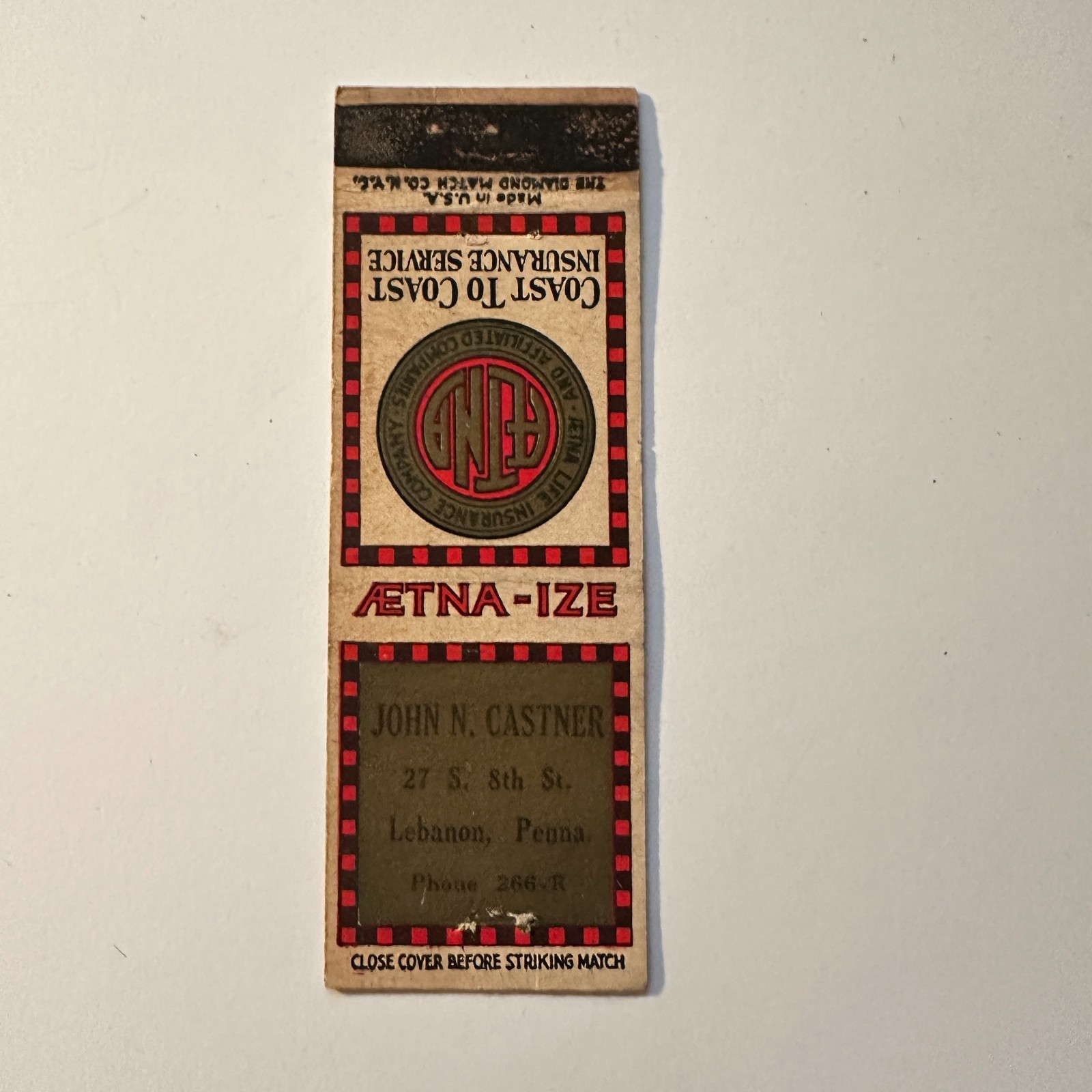 John N. Castner Lebanon PA Vintage Matchbook Cover 5MB131-3