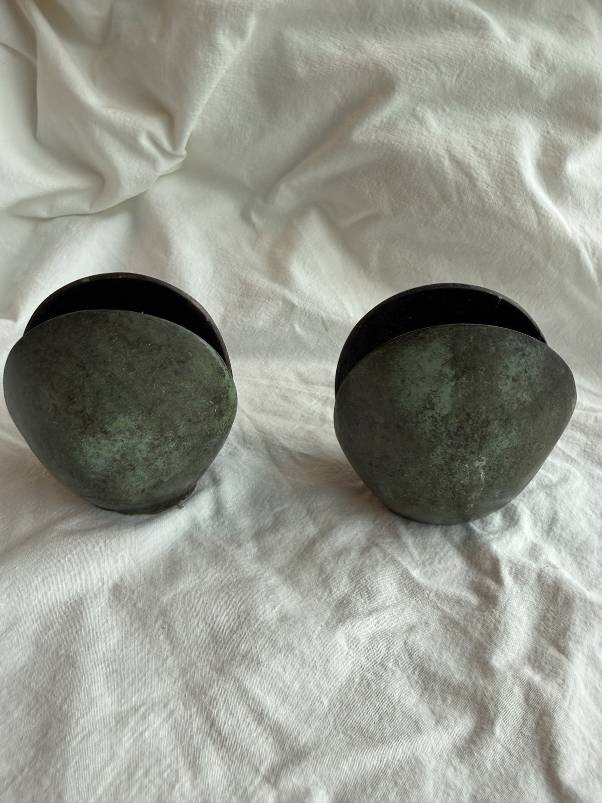 Vintage Brutalist Bronze Mussel Shell Candle Holders Pair MCM Verdigris