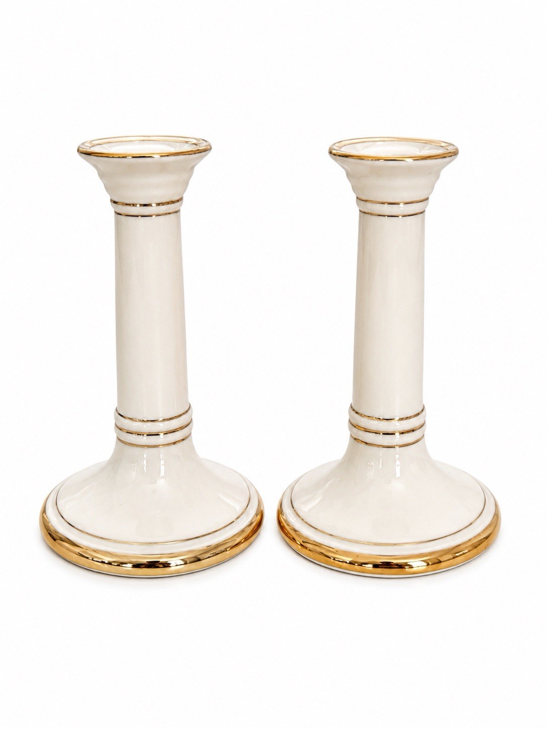 Vintage Pair Of White Ceramic Gold Trim  Classic Neoclassical Candlesticks 7”