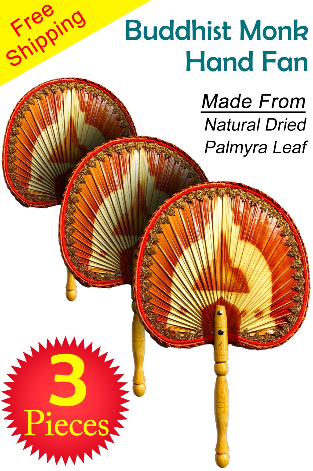 3pcs Buddhist Monk Hand Fan Traditional Thai Ceylon Sri Lanka Talipot Palmyra US