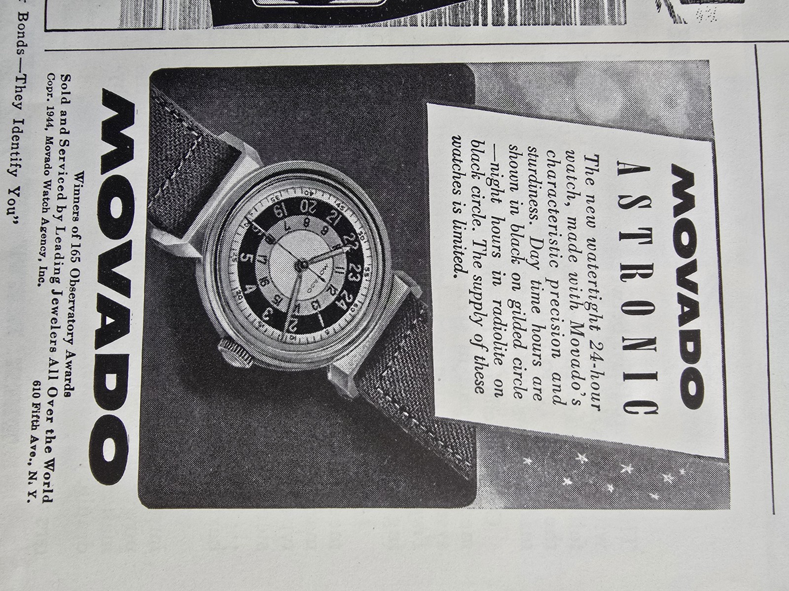1944 Movado Astronic Watertight 24 hour watch  Vintage Ad 