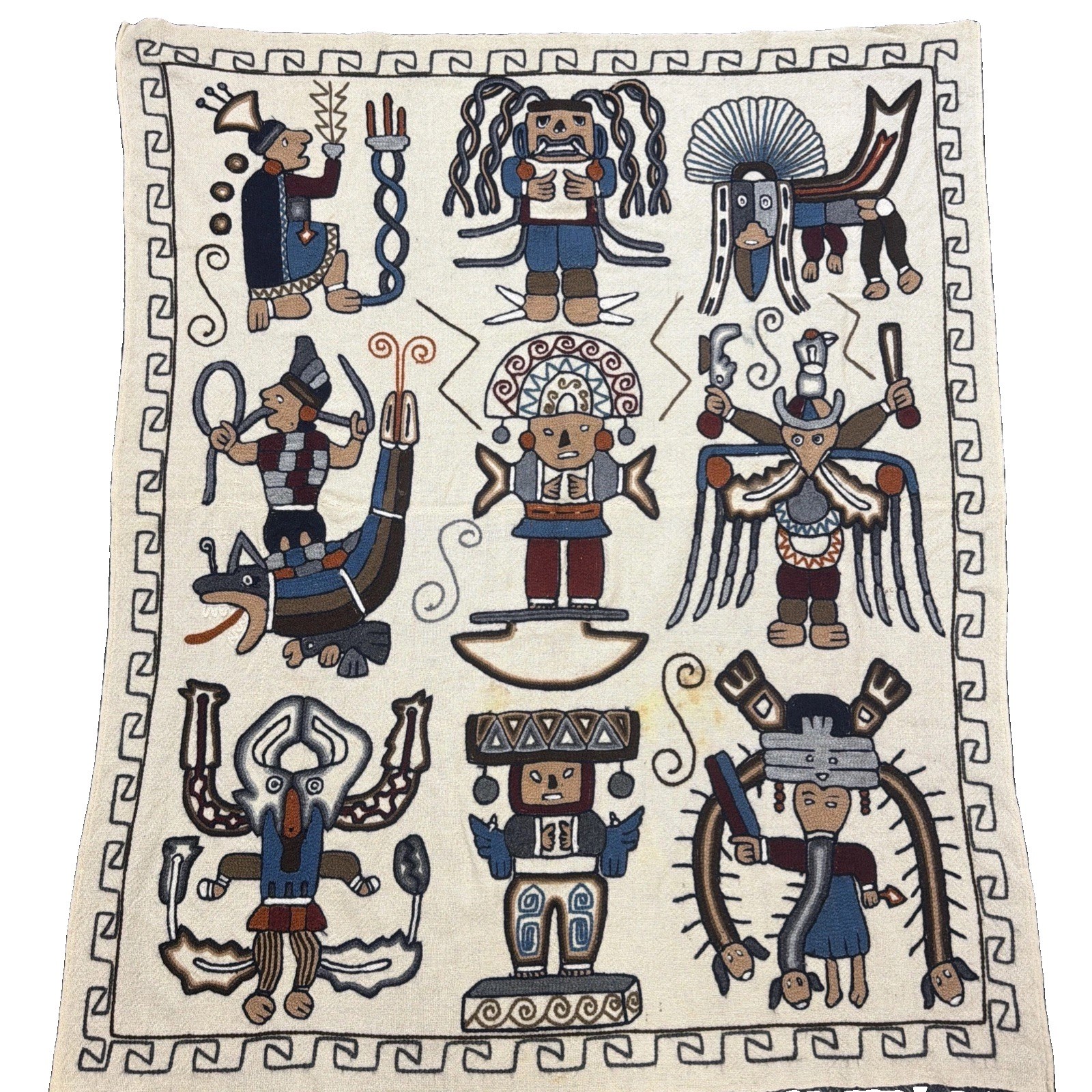 Vintage Embroidered Aztec Mayan Inca Wall Hanging Folk Art Hand Woven Tapestry