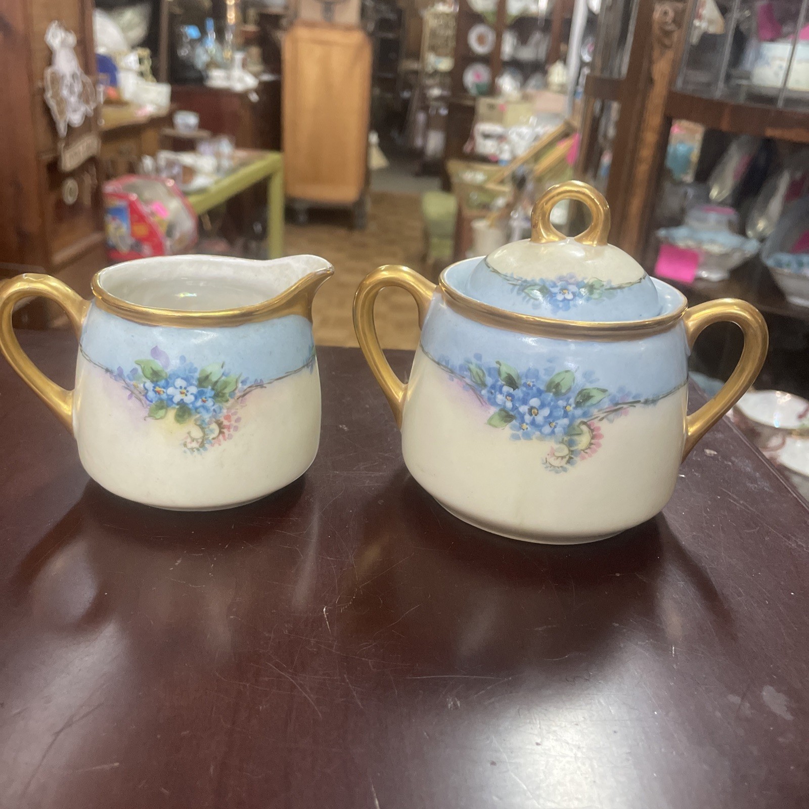 Antique Handpainted German Porcelain Floral & Gold Creamer & Sugar Bowl 
