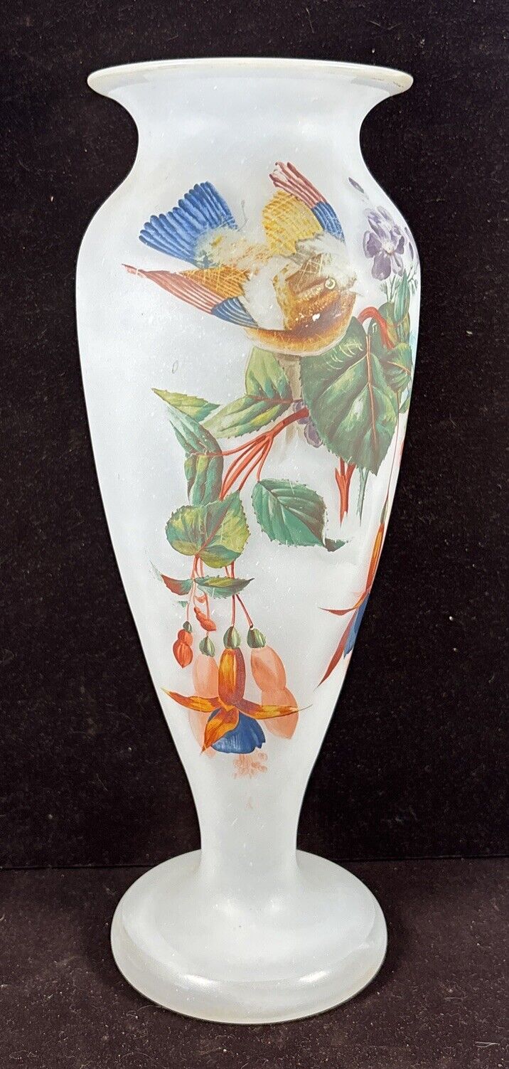 Antique Victorian Satin Glass Bristol Vase Hand painted Fuchsia Flowers Bird