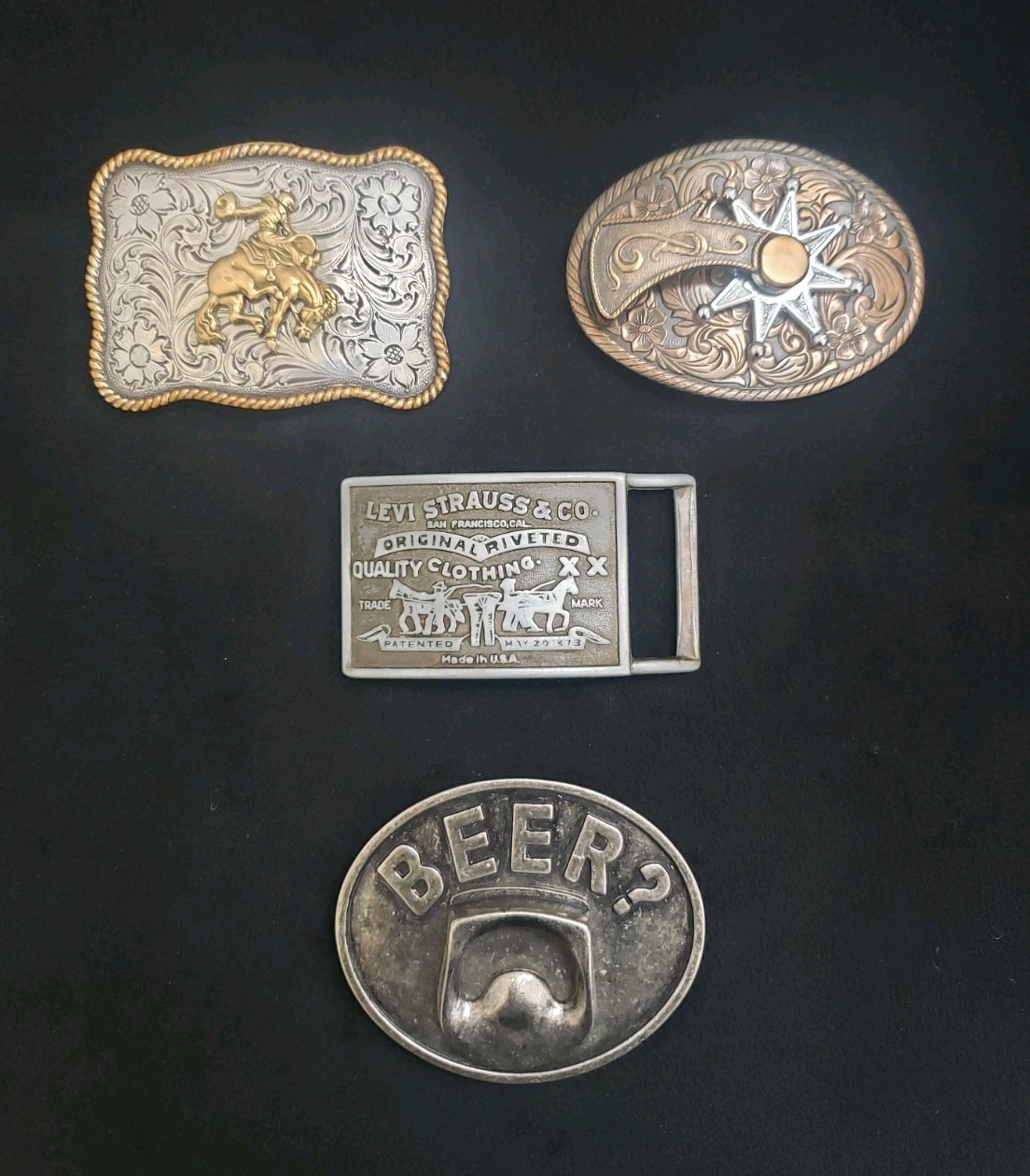 VTG WESTERN BELT BUCKLES LOT OF 5 SILVER GOLD BRONZE NOCONA BRONCO LEVI 511 BEER