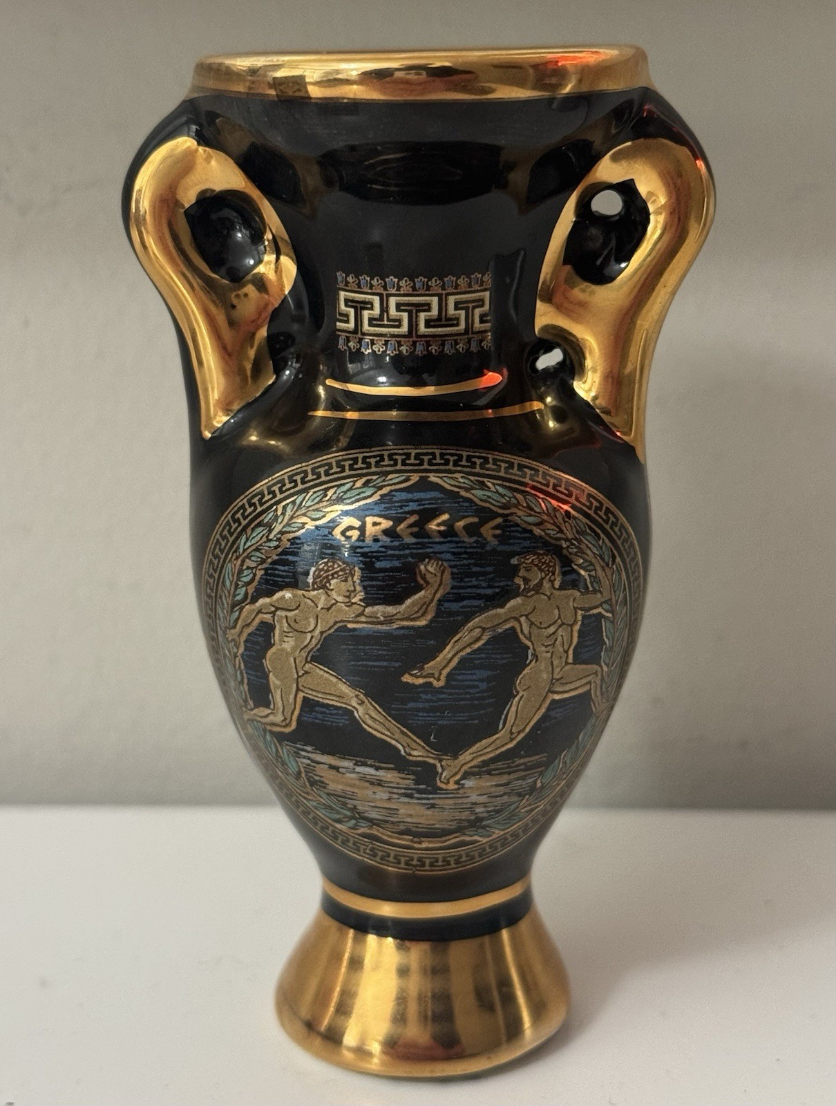 Vintage Greek Black & 24K Gold Vase - Olympic Boxers Ceramic Souvenir