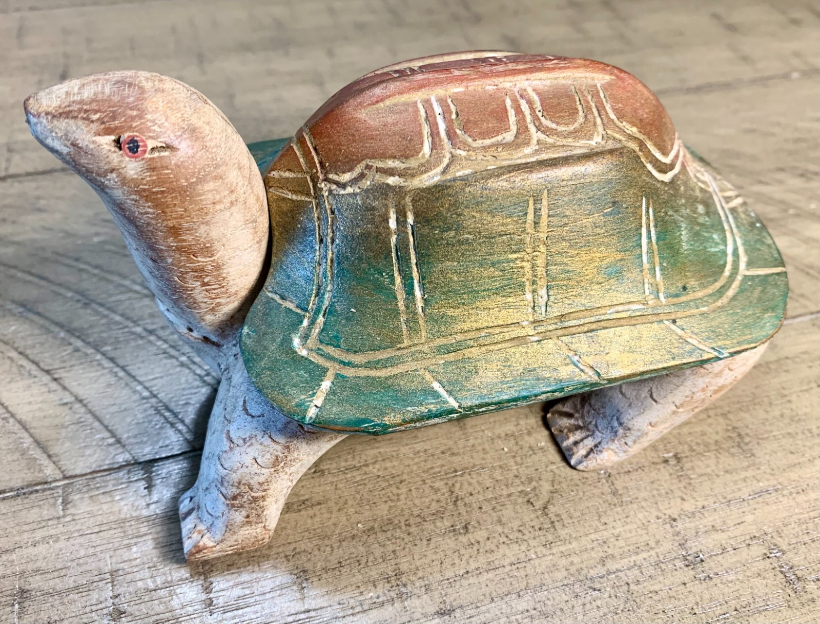 Vintage Hand Carved Wooden Turtle Trinket Box Removable Shell Lid Stash Box