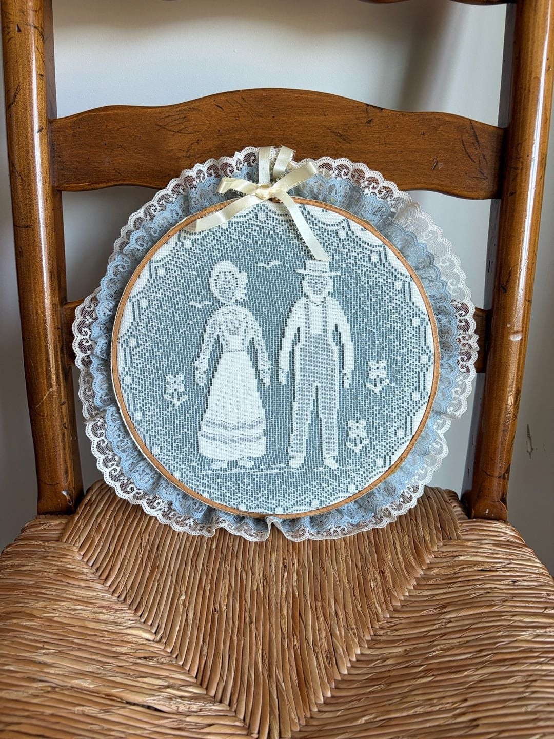 Vintage Amish Couple Lace Hoop Art