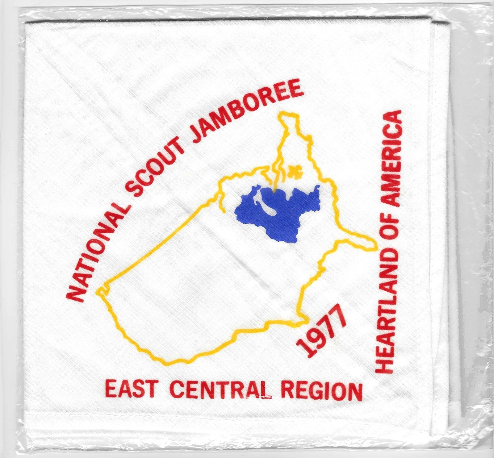 1977 NATIONAL SCOUT JAMBOREE NECKERCHIEF, EAST CENTRAL REGION, ORIGINAL PACKAGE 1977 NATIONAL SCOUT JAMBOREE NECKERCHIEF, EAST CENTRAL REGION, ORIGINAL PACKAGE