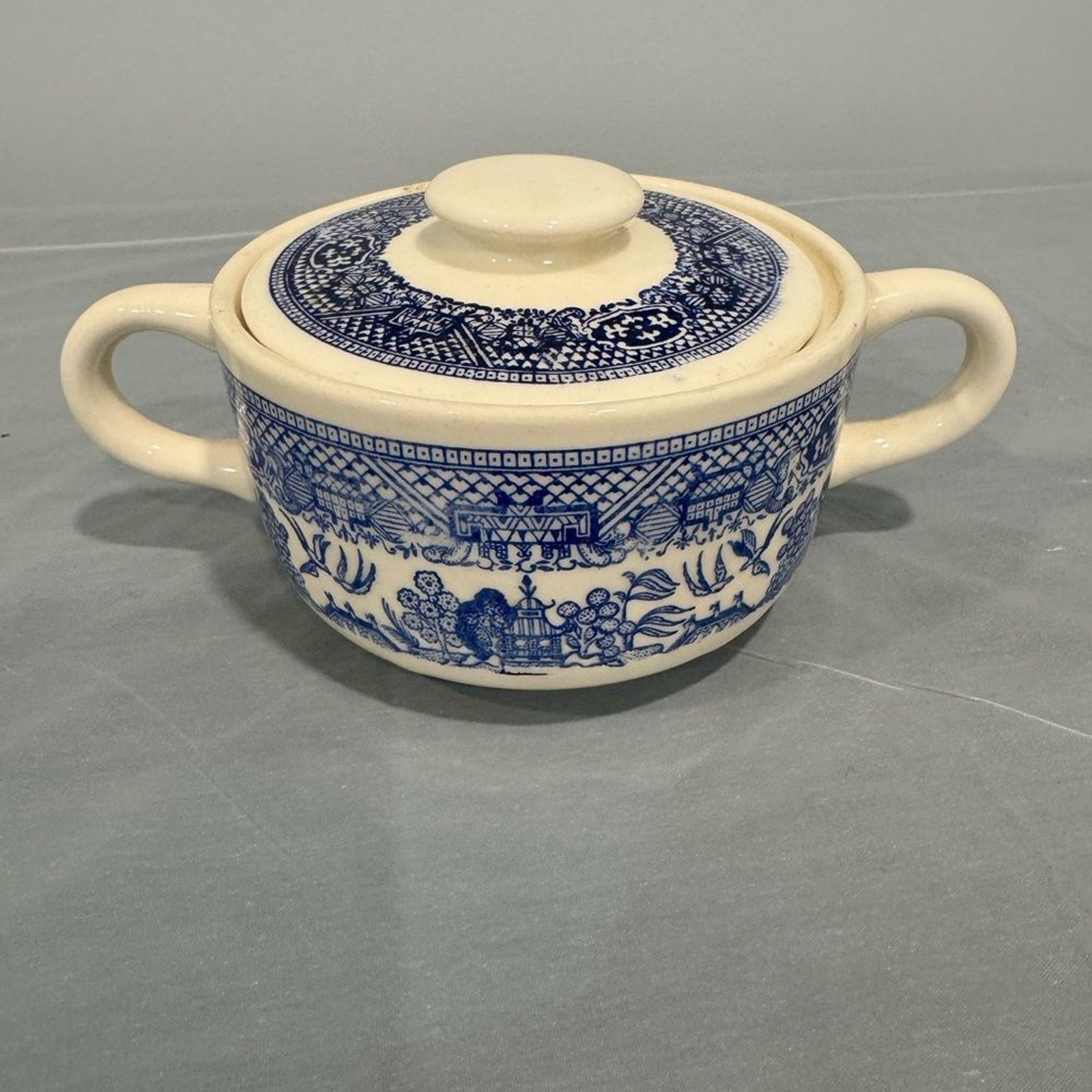 Vintage Blue & White Covered Soup Bowl | Cottagecore Decor