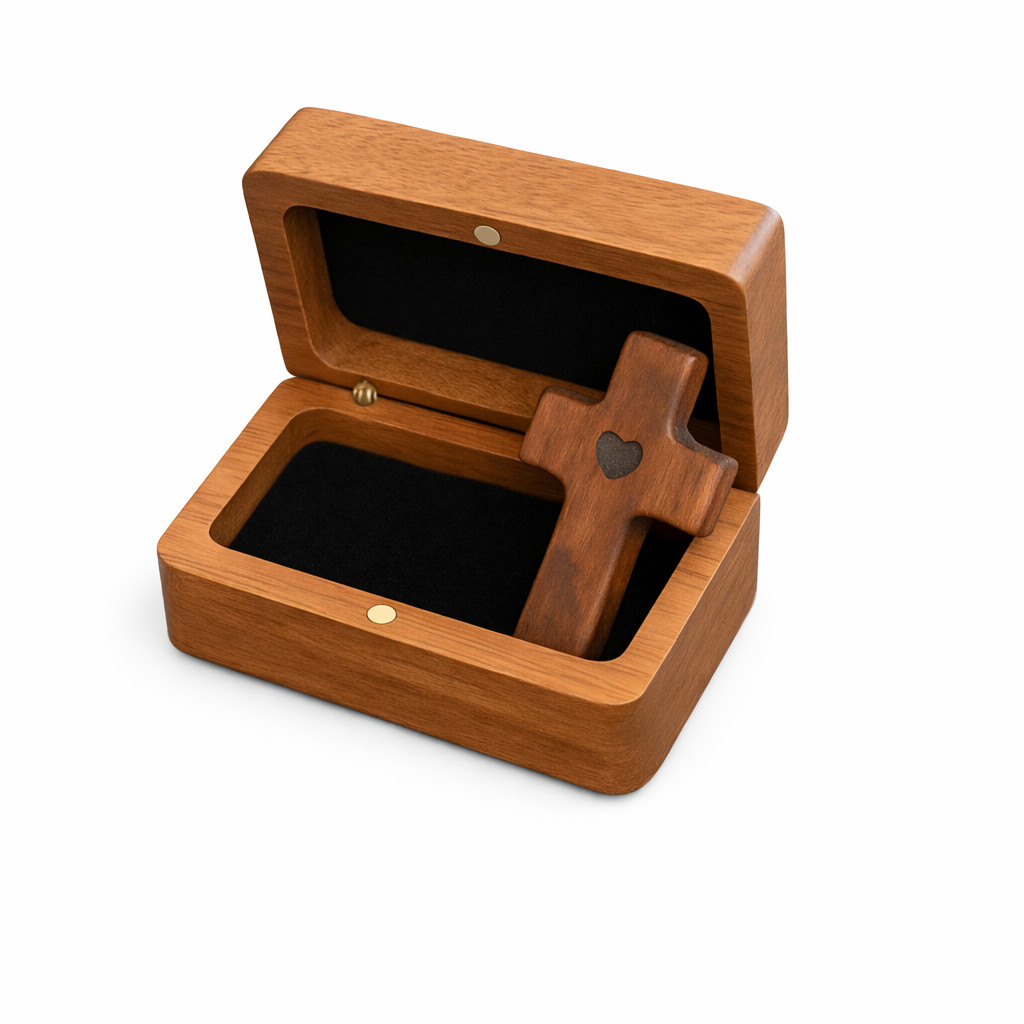 Engraved Wooden Pocket Cross Set – Christian Keepsake Box – Natural Charms Gift
