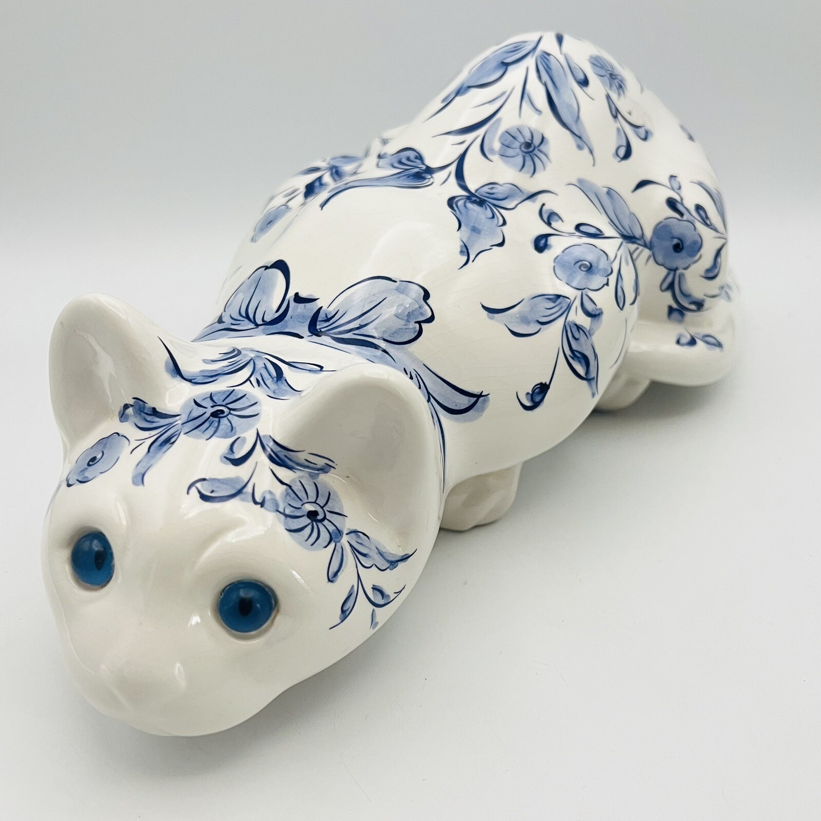 Vtg Ceramic ELPA Alcobaca Cat Blue Floral Glass Eyes Crouching Made In Portugal