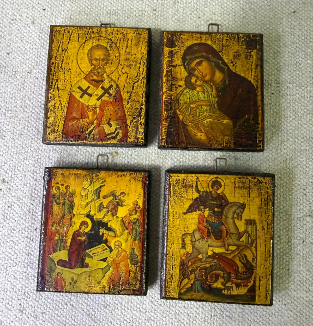 Mini Greek Orthodox Icon Lot of 4 Byzantine Wood Plaques St George Dark Academia