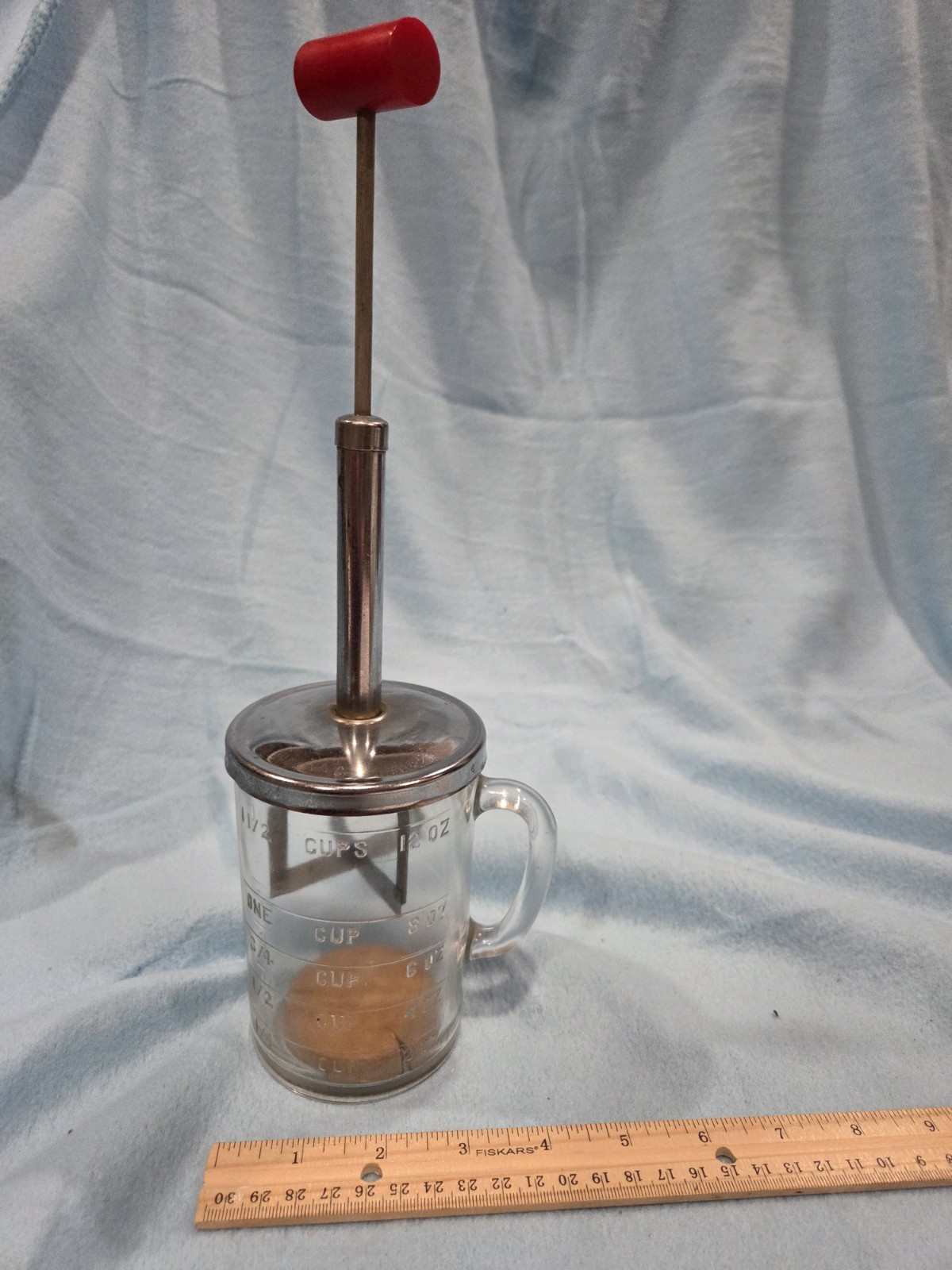Vintage Pamco Food Nut Chopper Red Wood Handle Glass Measuring Cup Mid Century